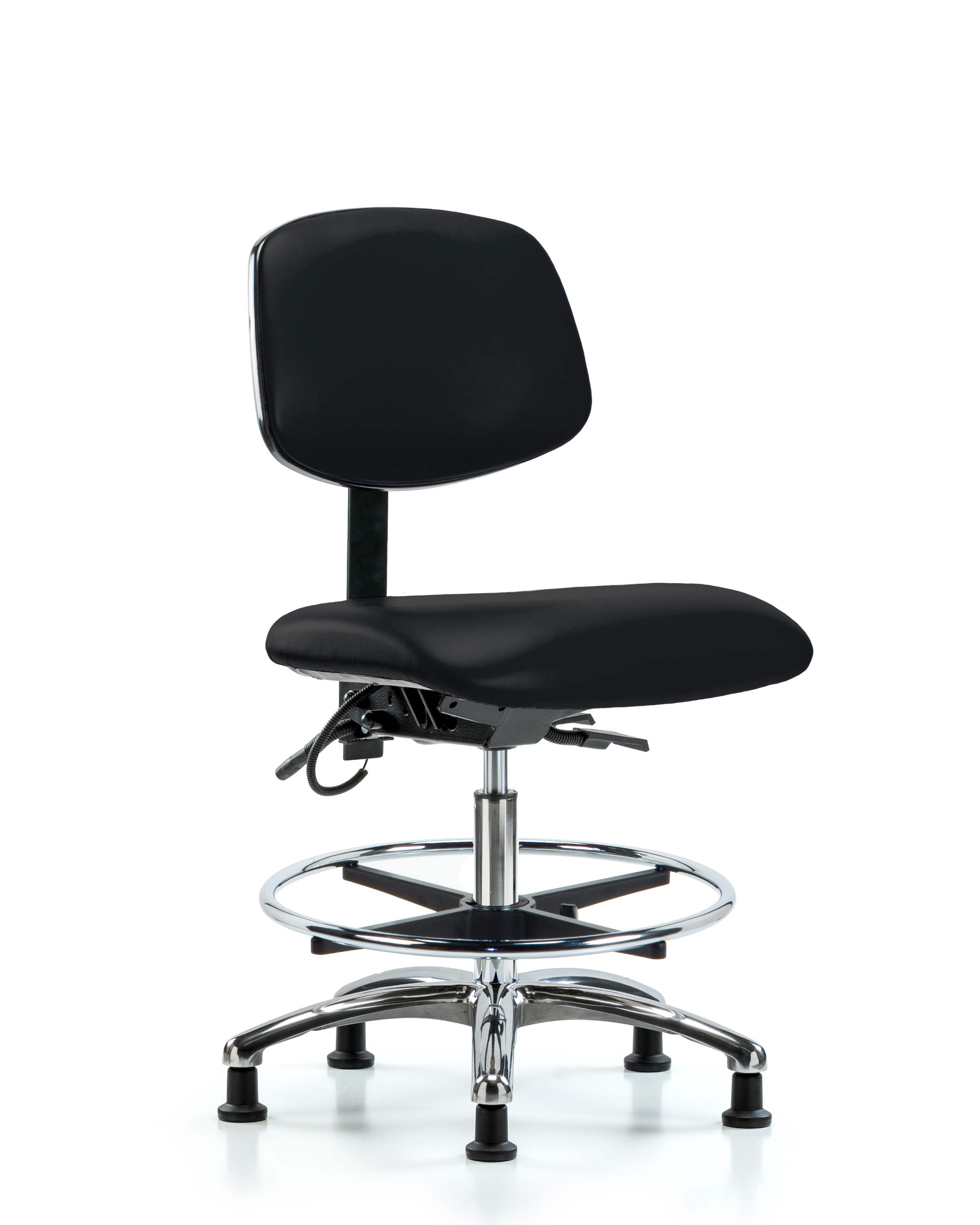 Vinyl ESD Chair - Medium Bench Height with Chrome Foot Ring & ESD Stationary Glides in ESD Blue Vinyl