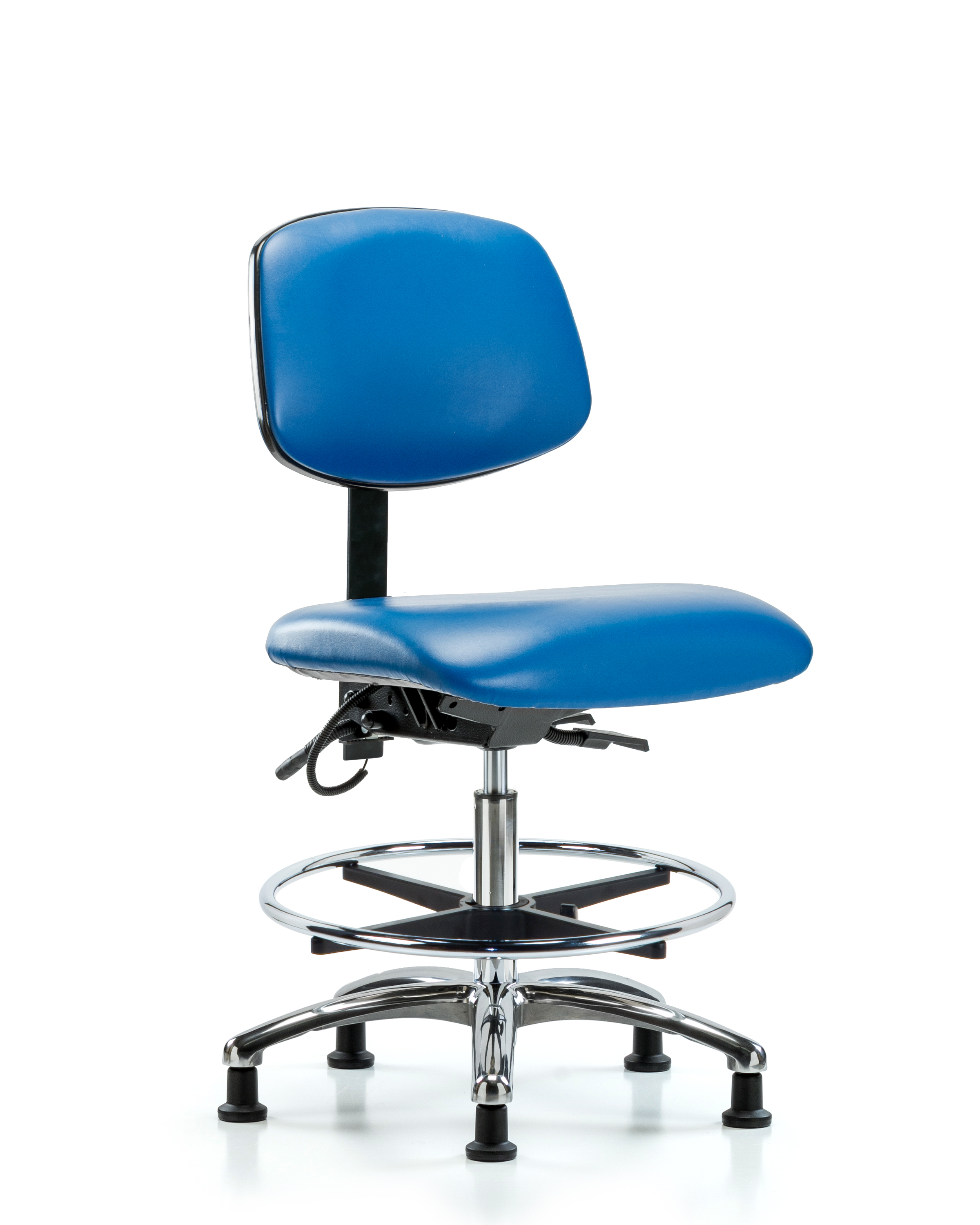 Vinyl ESD Chair - Medium Bench Height with Chrome Foot Ring & ESD Stationary Glides in ESD Blue Vinyl