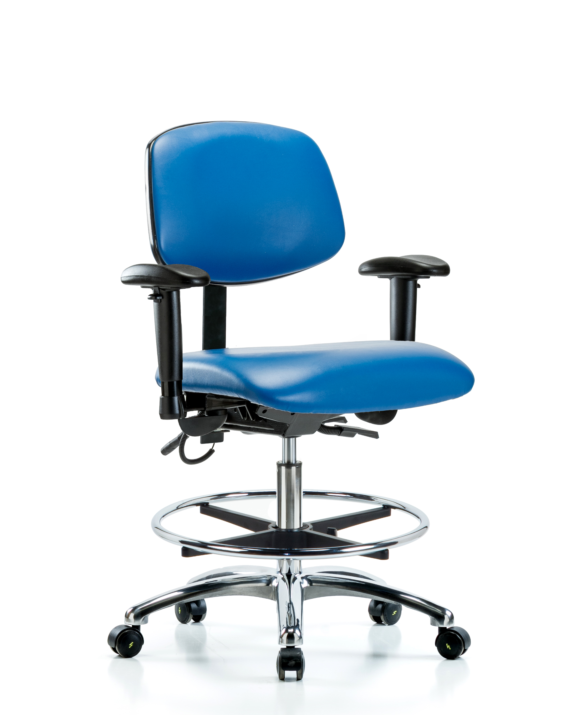 Vinyl ESD Chair - Medium Bench Height with Adjustable Arms, Chrome Foot Ring, & ESD Casters in ESD Black Vinyl