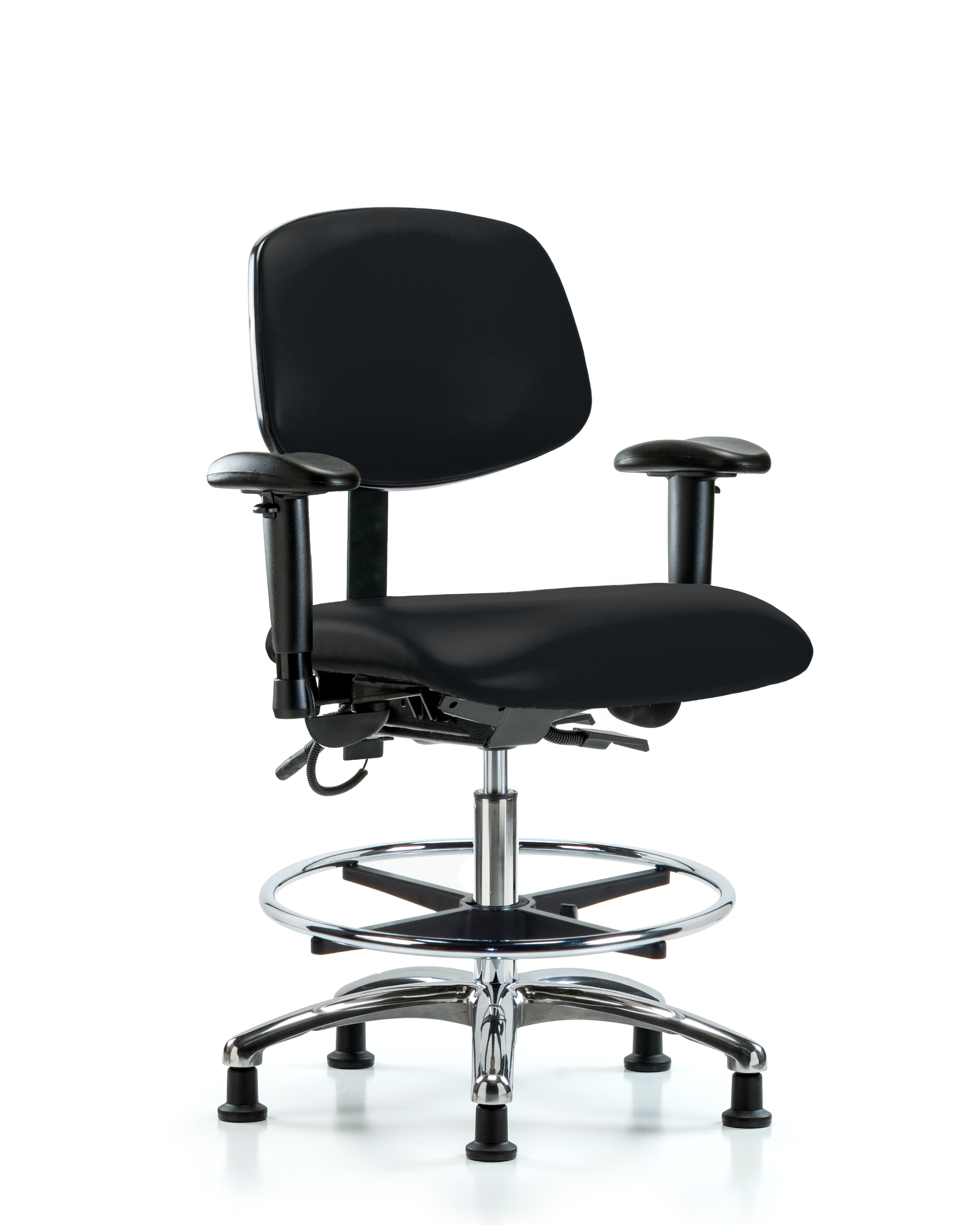 Vinyl ESD Chair - Medium Bench Height with Adjustable Arms, Chrome Foot Ring, & ESD Stationary Glides in ESD Black Vinyl