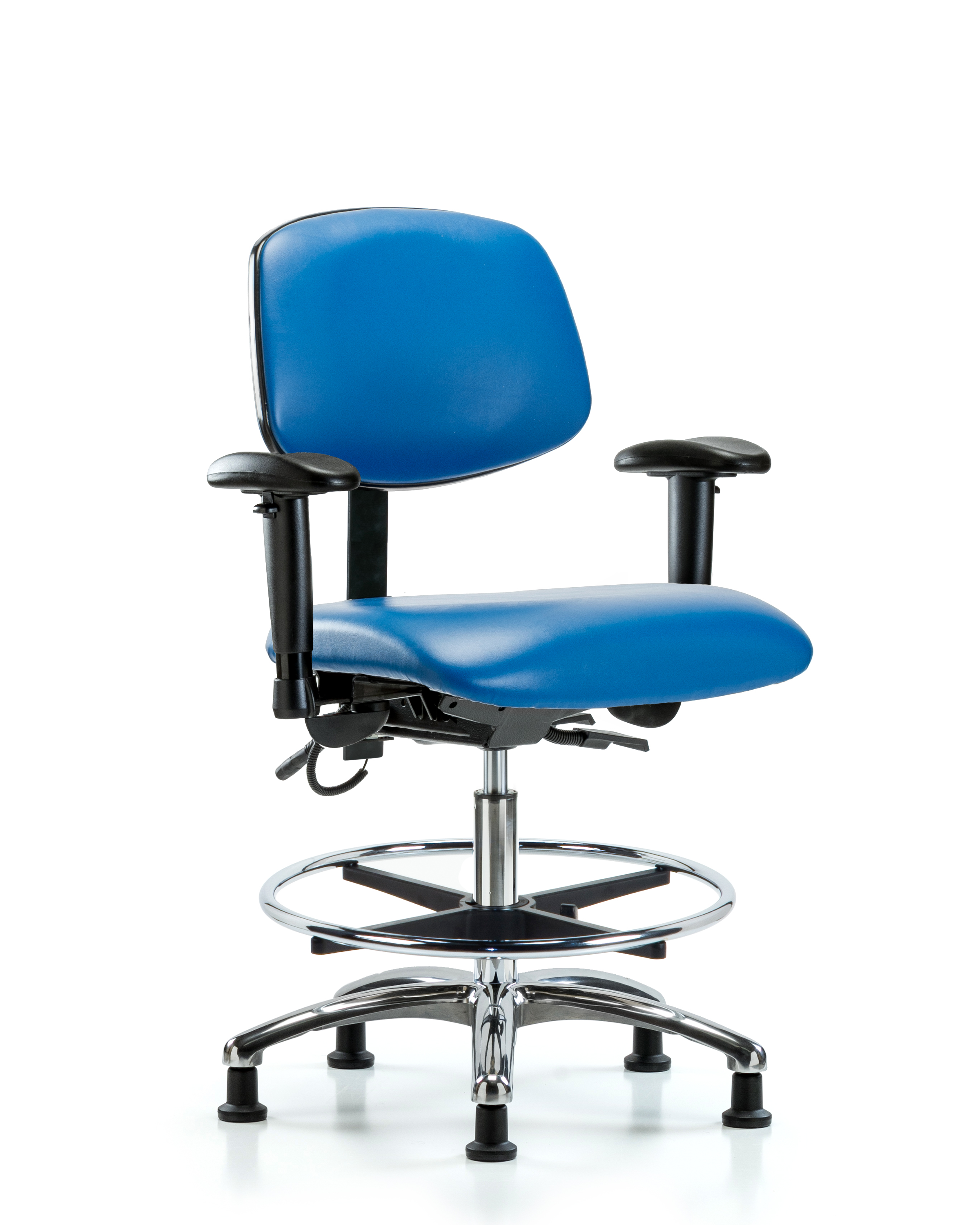 Vinyl ESD Chair - Medium Bench Height with Adjustable Arms, Chrome Foot Ring, & ESD Stationary Glides in ESD Black Vinyl