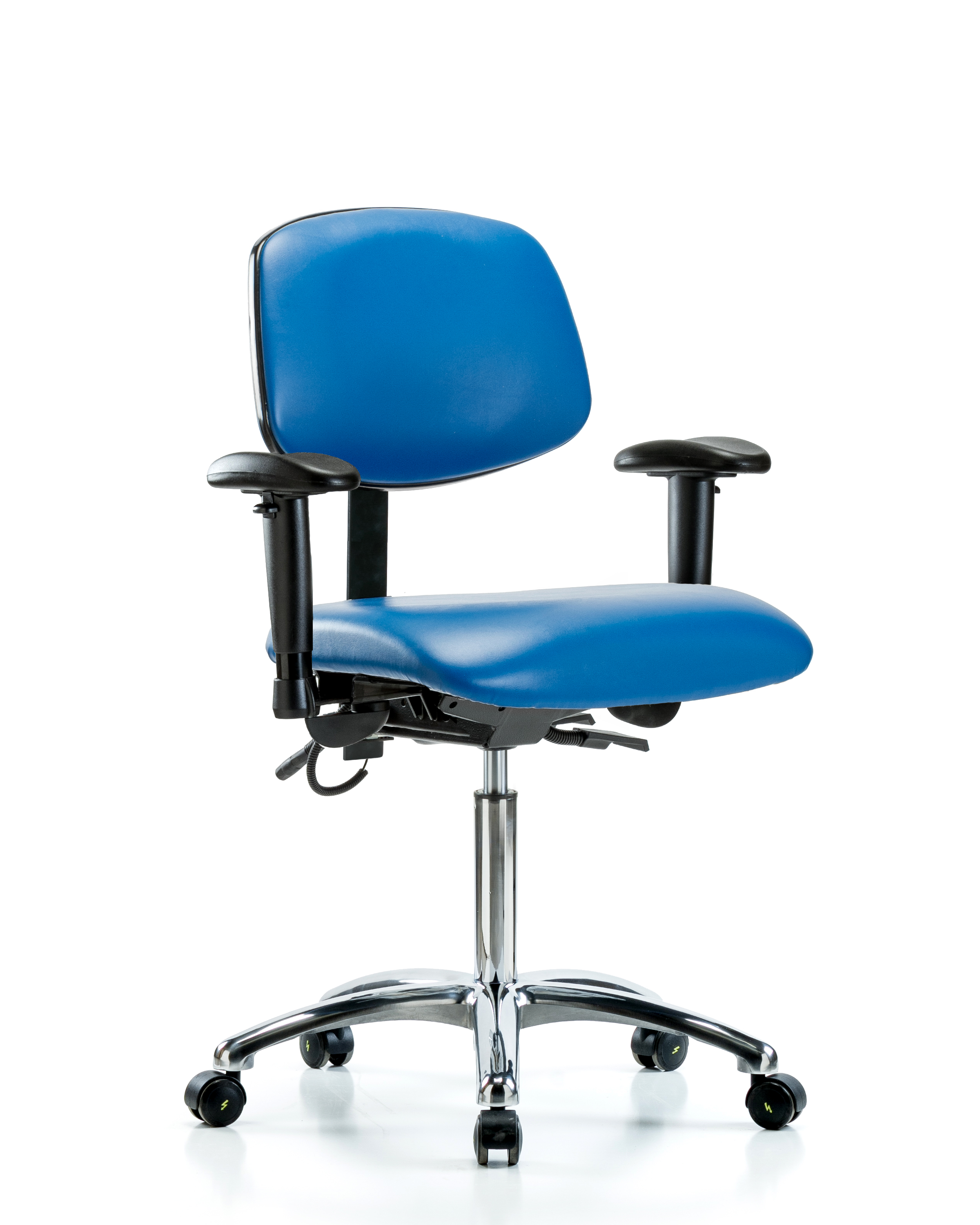 Vinyl ESD Chair - Medium Bench Height with Adjustable Arms & ESD Casters in ESD Blue Vinyl