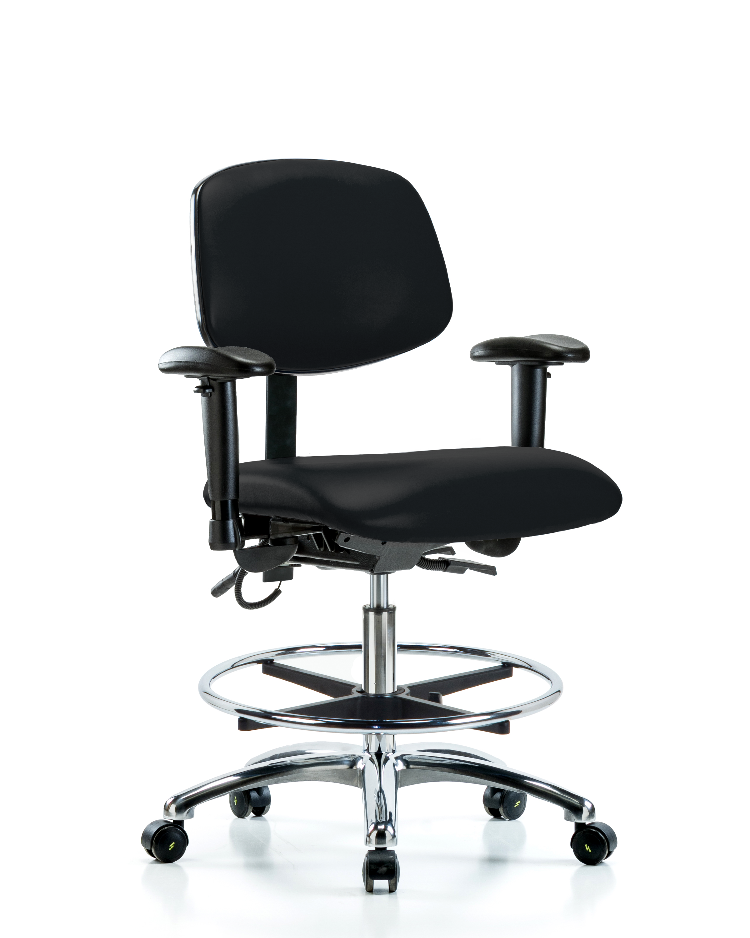 Vinyl ESD Chair - Medium Bench Height with Seat Tilt, Adjustable Arms, Chrome Foot Ring, & ESD Casters in ESD Black Vinyl