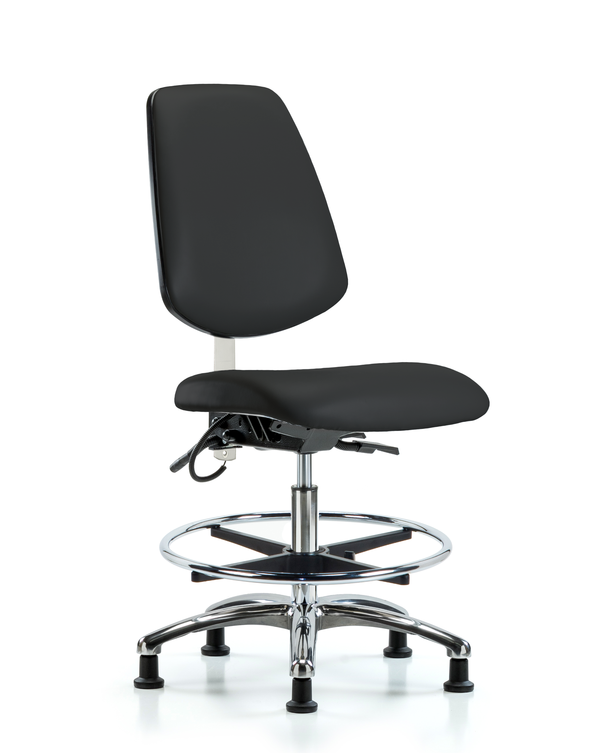 Vinyl ESD Chair - Medium Bench Height with Medium Back, Chrome Foot Ring, & ESD Stationary Glides in ESD Black Vinyl