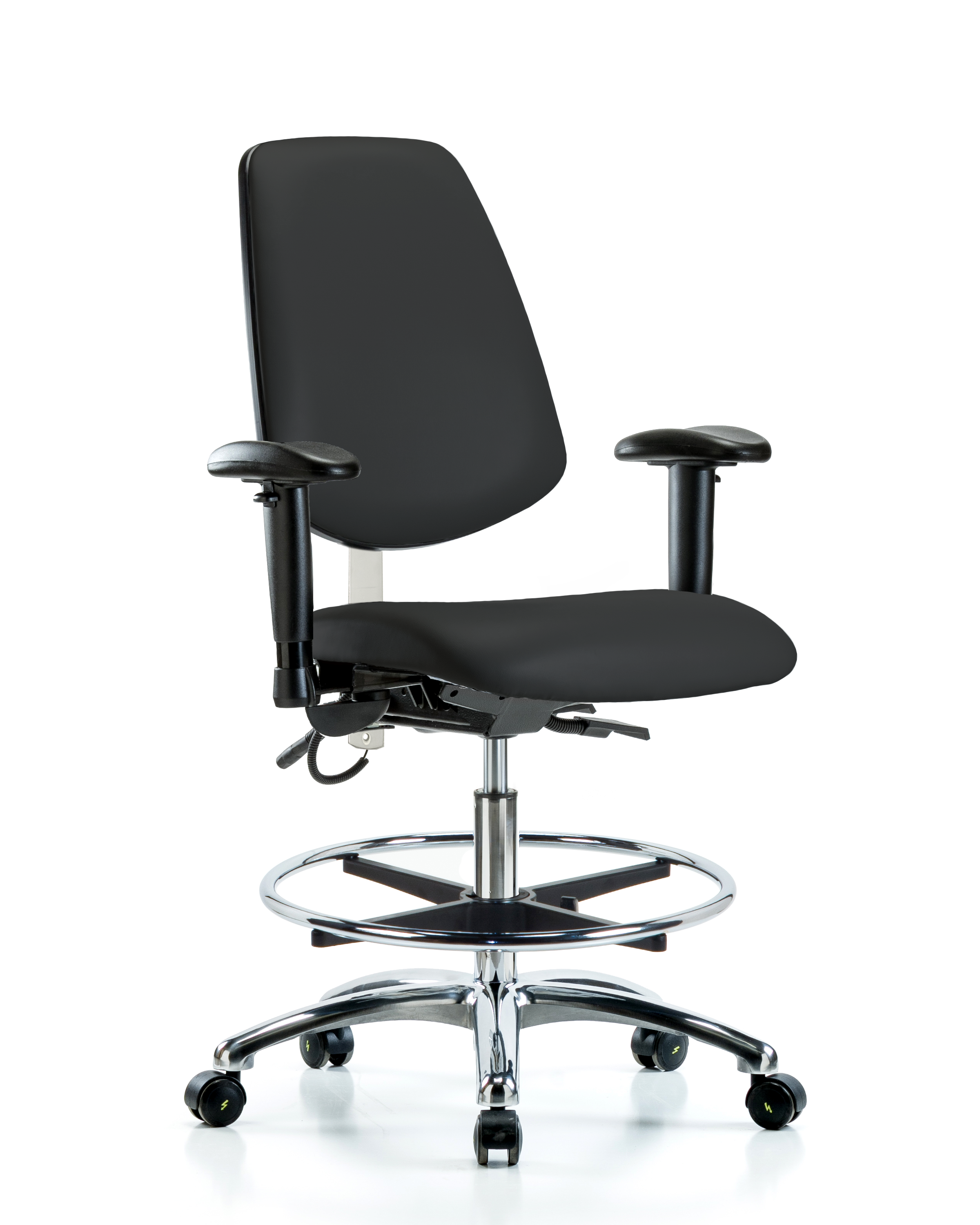 Vinyl ESD Chair - Medium Bench Height with Medium Back, Adjustable Arms, Chrome Foot Ring, & ESD Casters in ESD Black Vinyl