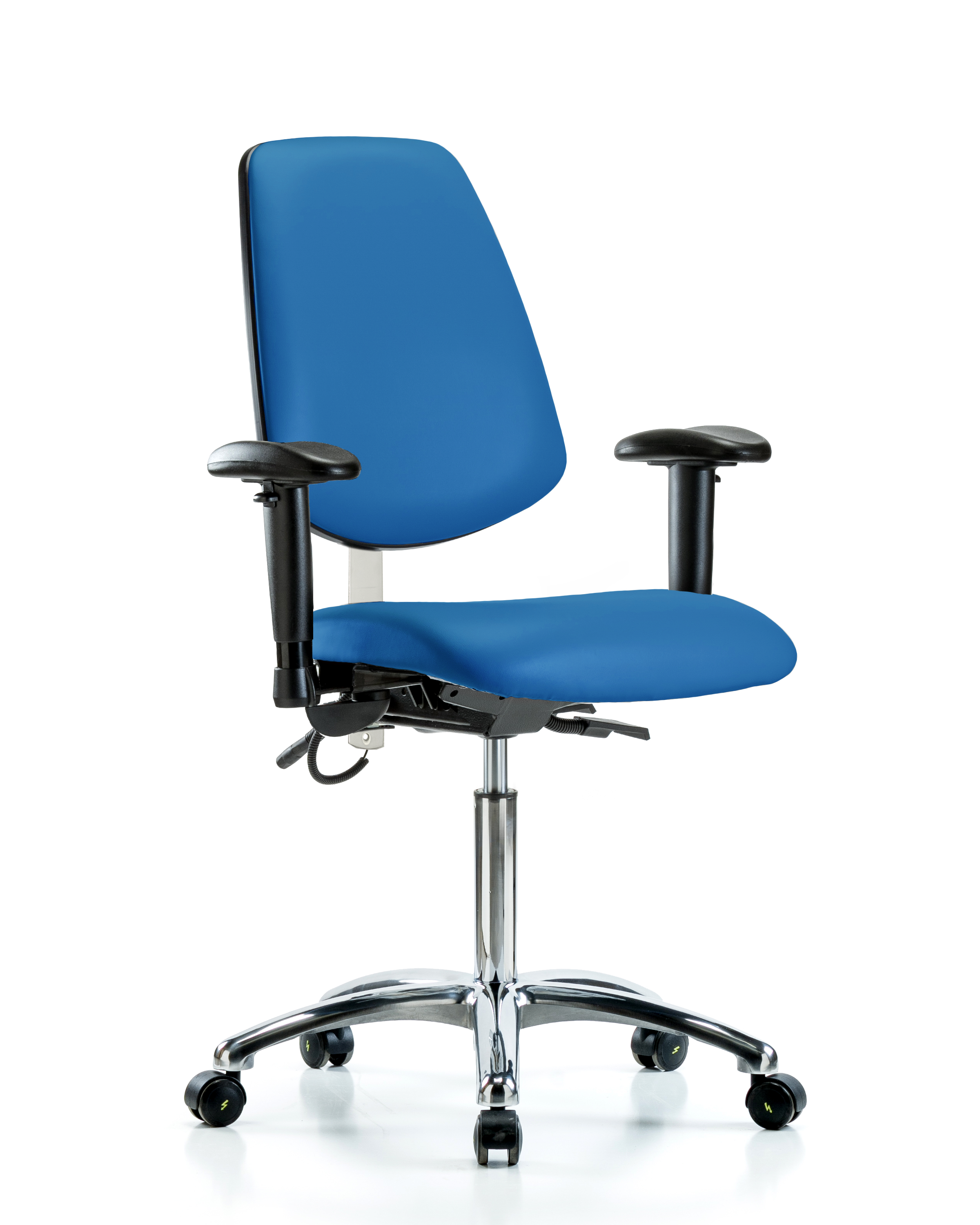 Vinyl ESD Chair - Medium Bench Height with Medium Back, Adjustable Arms, & ESD Casters in ESD Black Vinyl