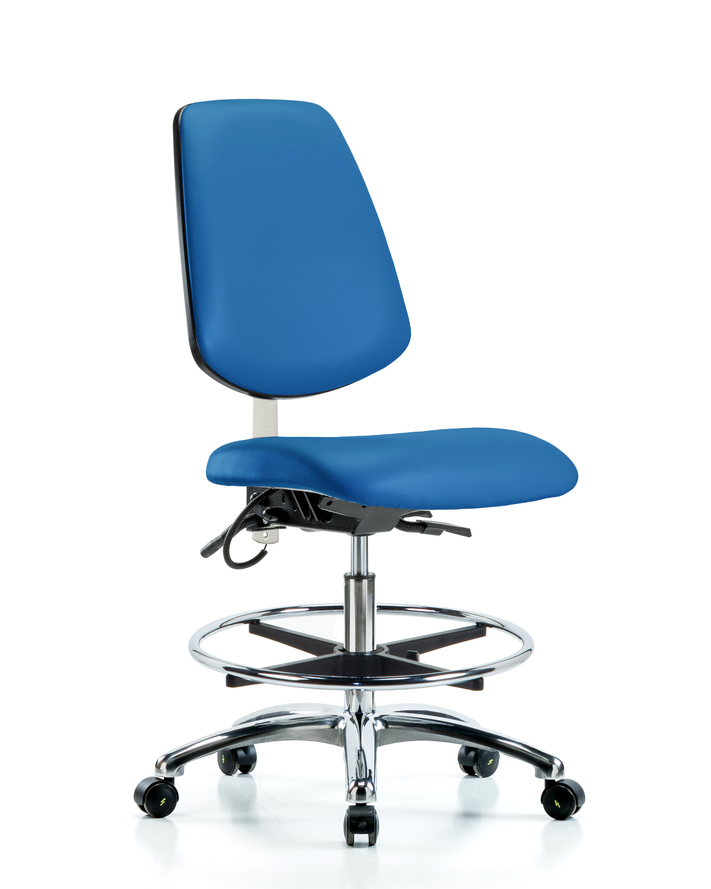 Vinyl ESD Chair - Medium Bench Height with Medium Back, Seat Tilt, Chrome Foot Ring, & ESD Casters in ESD Black Vinyl
