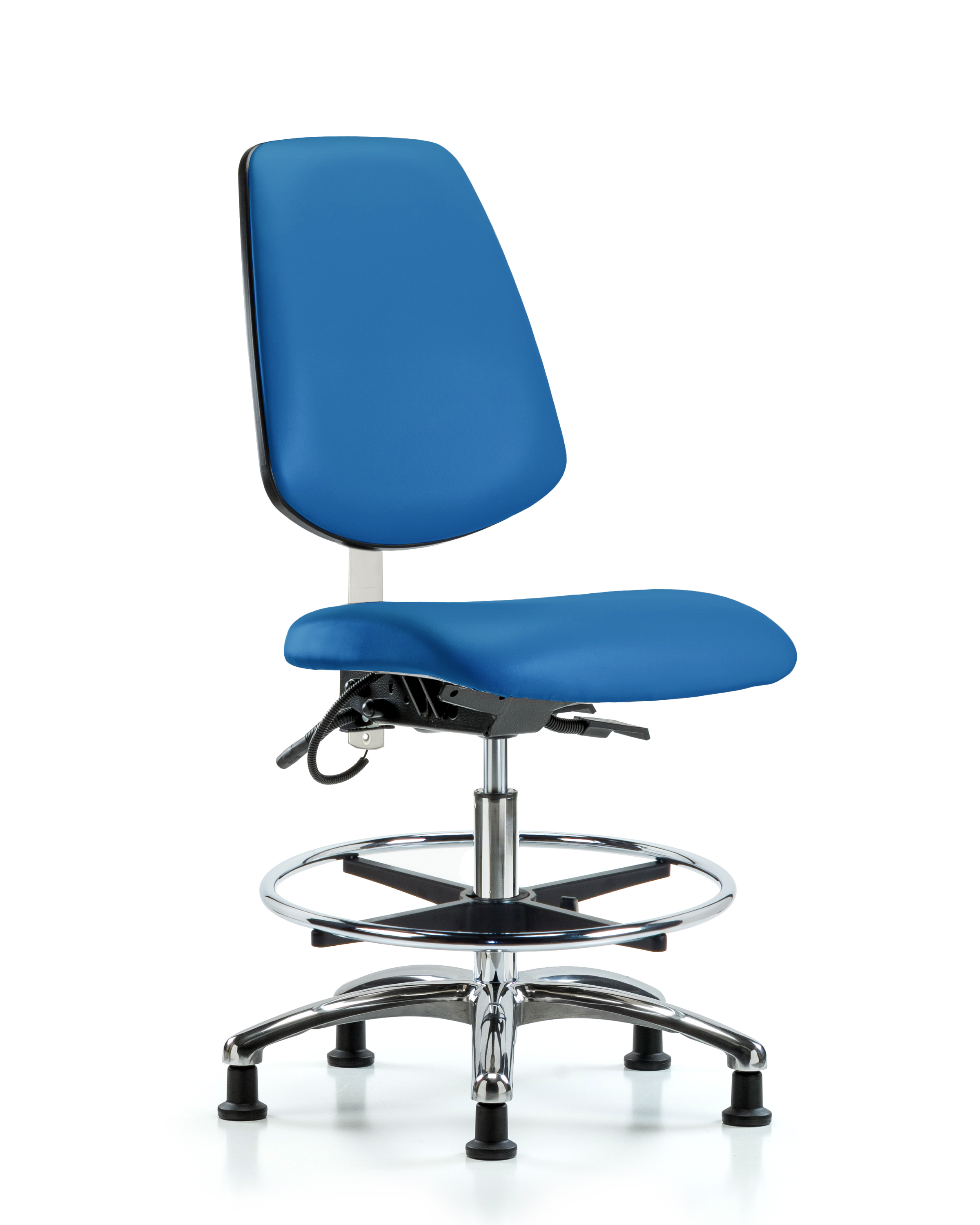 Vinyl ESD Chair - Medium Bench Height with Medium Back, Seat Tilt, Chrome Foot Ring, & ESD Stationary Glides in ESD Black Vinyl
