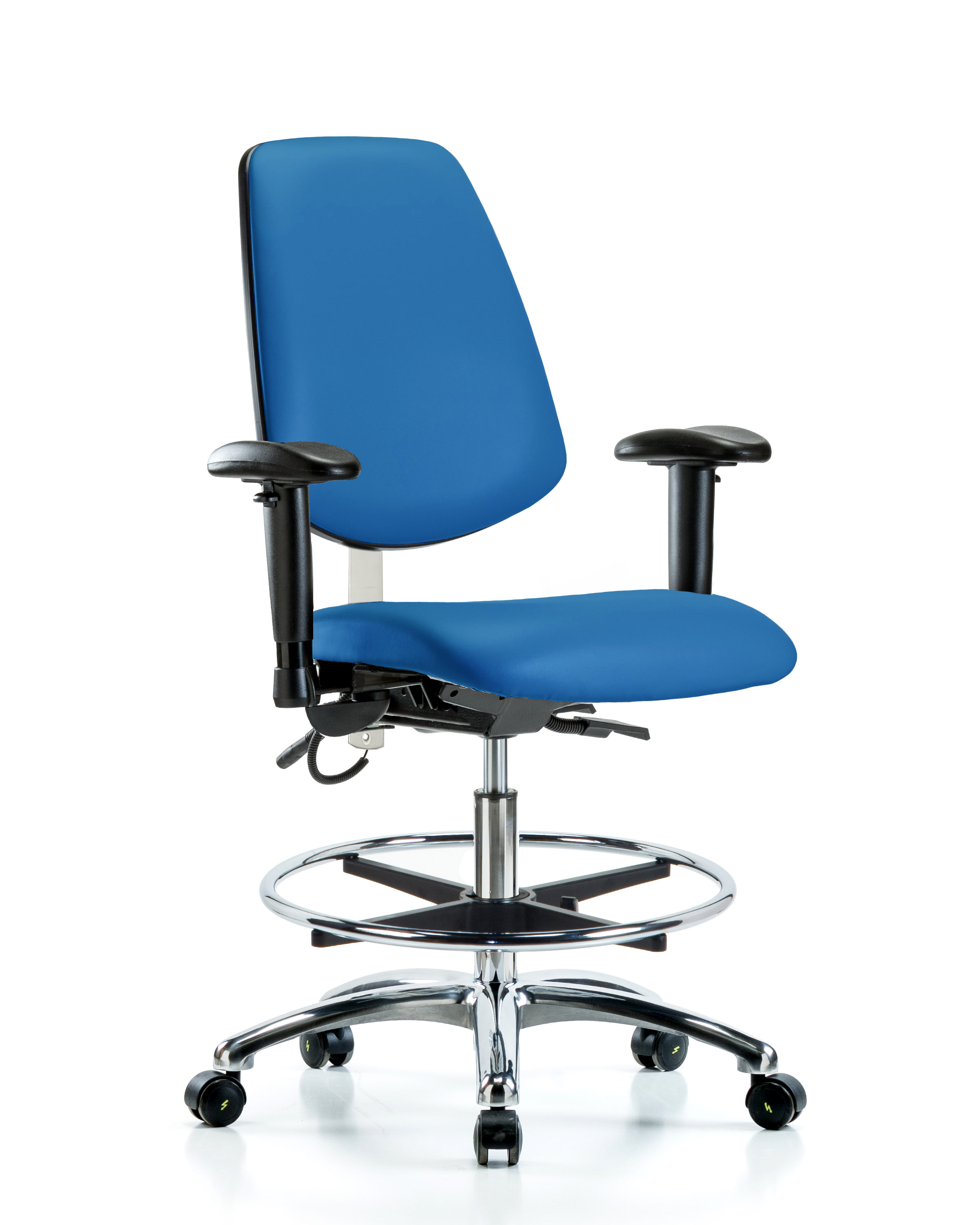 Vinyl ESD Chair - Medium Bench Height with Medium Back, Seat Tilt, Adjustable Arms, Chrome Foot Ring, & ESD Casters in ESD Black Vinyl