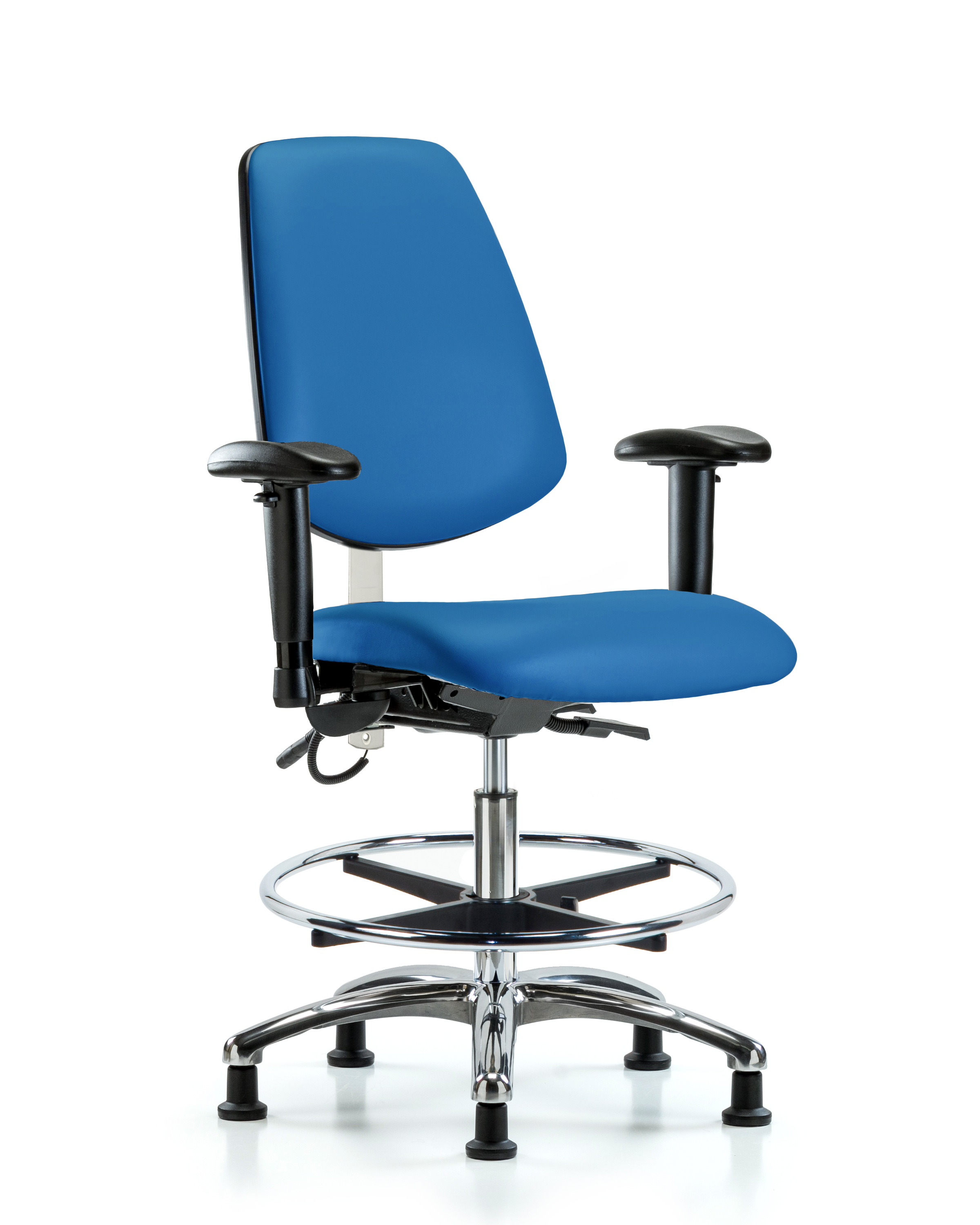 Vinyl ESD Chair - Medium Bench Height with Medium Back, Seat Tilt, Adjustable Arms, Chrome Foot Ring, & ESD Stationary Glides in ESD Black Vinyl
