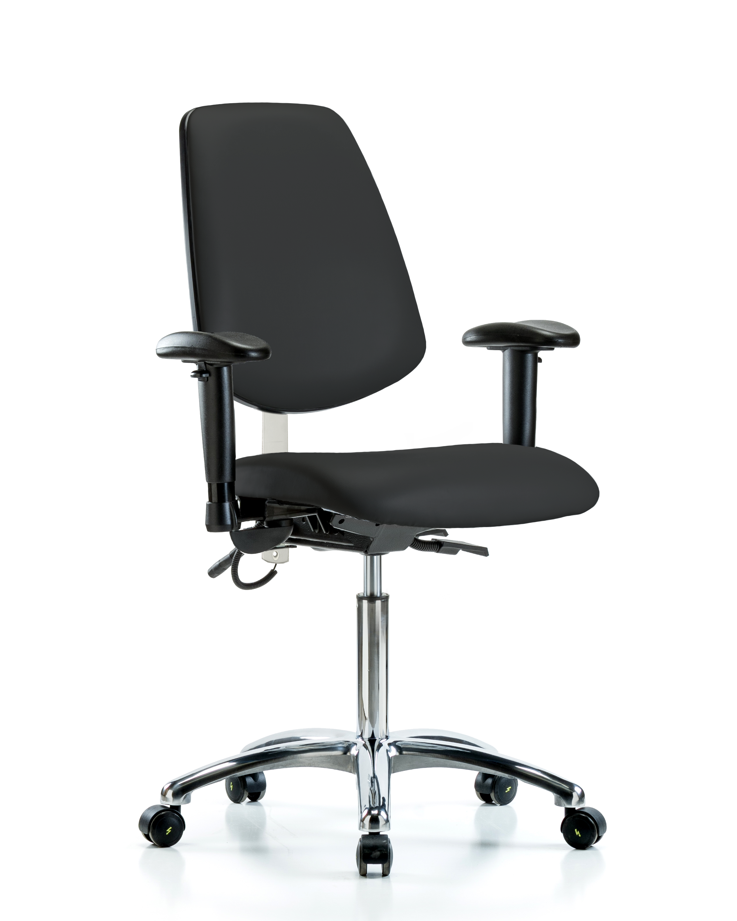 Vinyl ESD Chair - Medium Bench Height with Medium Back, Seat Tilt, Adjustable Arms, & ESD Casters in ESD Black Vinyl