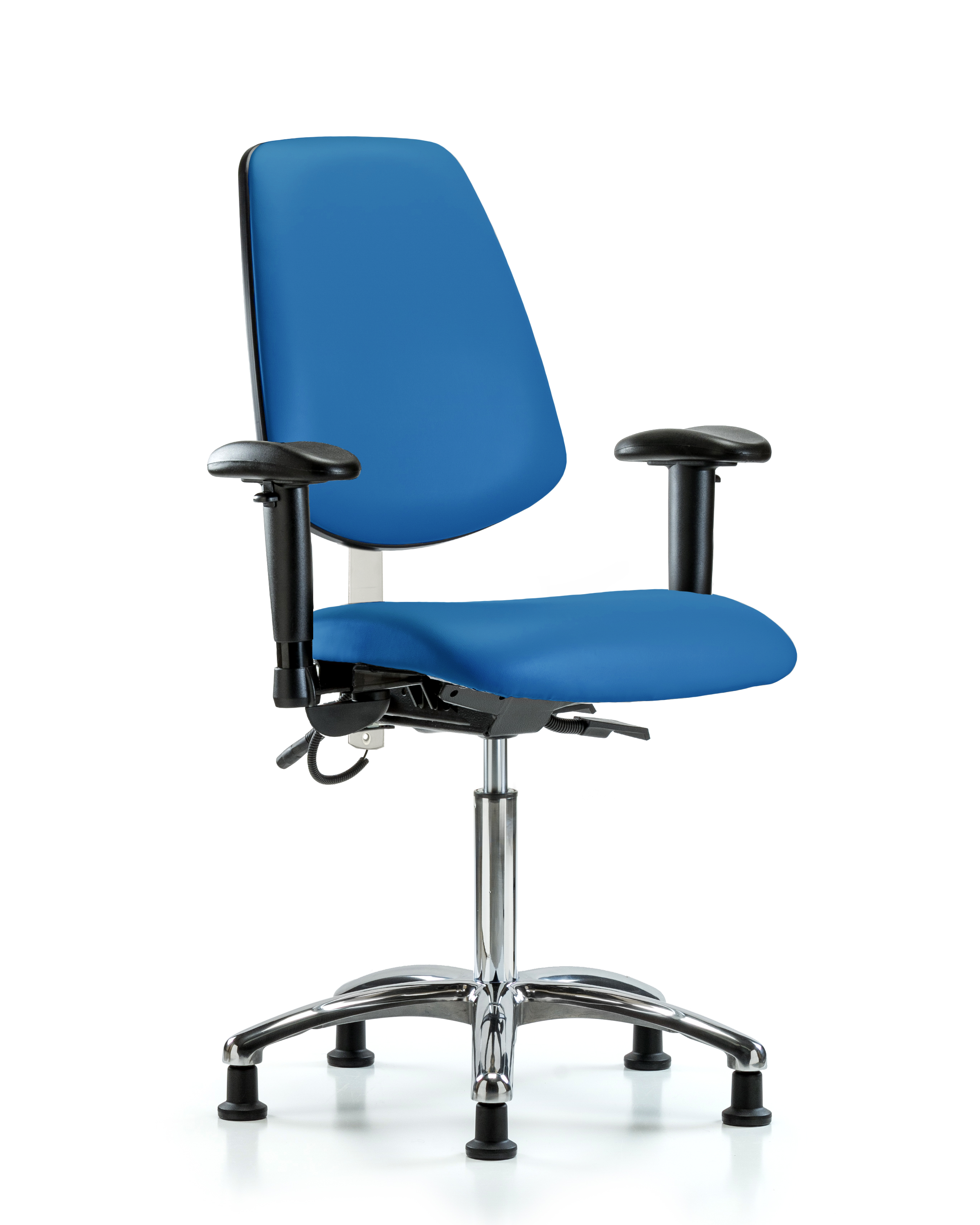 Vinyl ESD Chair - Medium Bench Height with Medium Back, Seat Tilt, Adjustable Arms, & ESD Stationary Glides in ESD Blue Vinyl