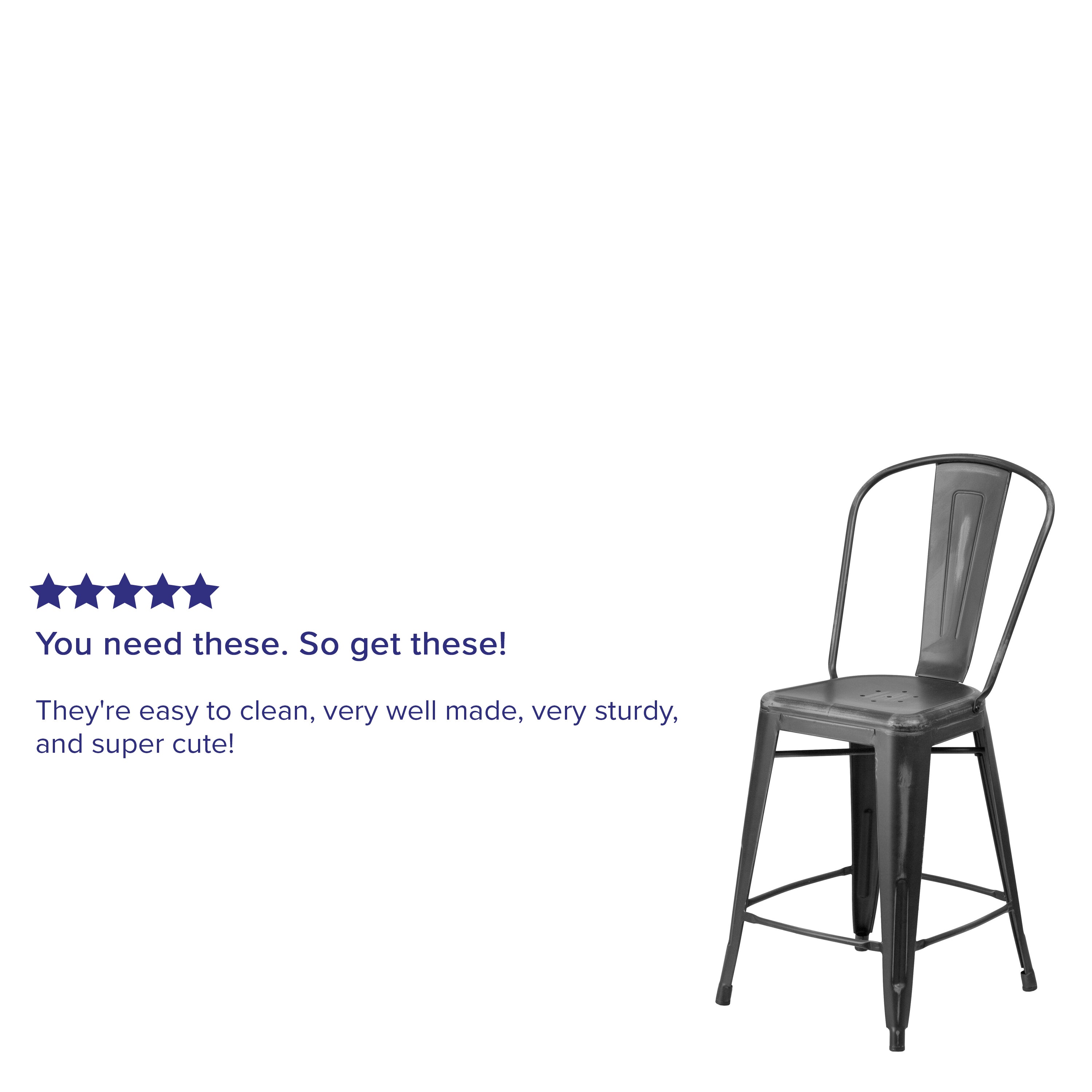 Carly Commercial Grade 24" High Distressed Black Metal Indoor-Outdoor Counter Height Stool with Back