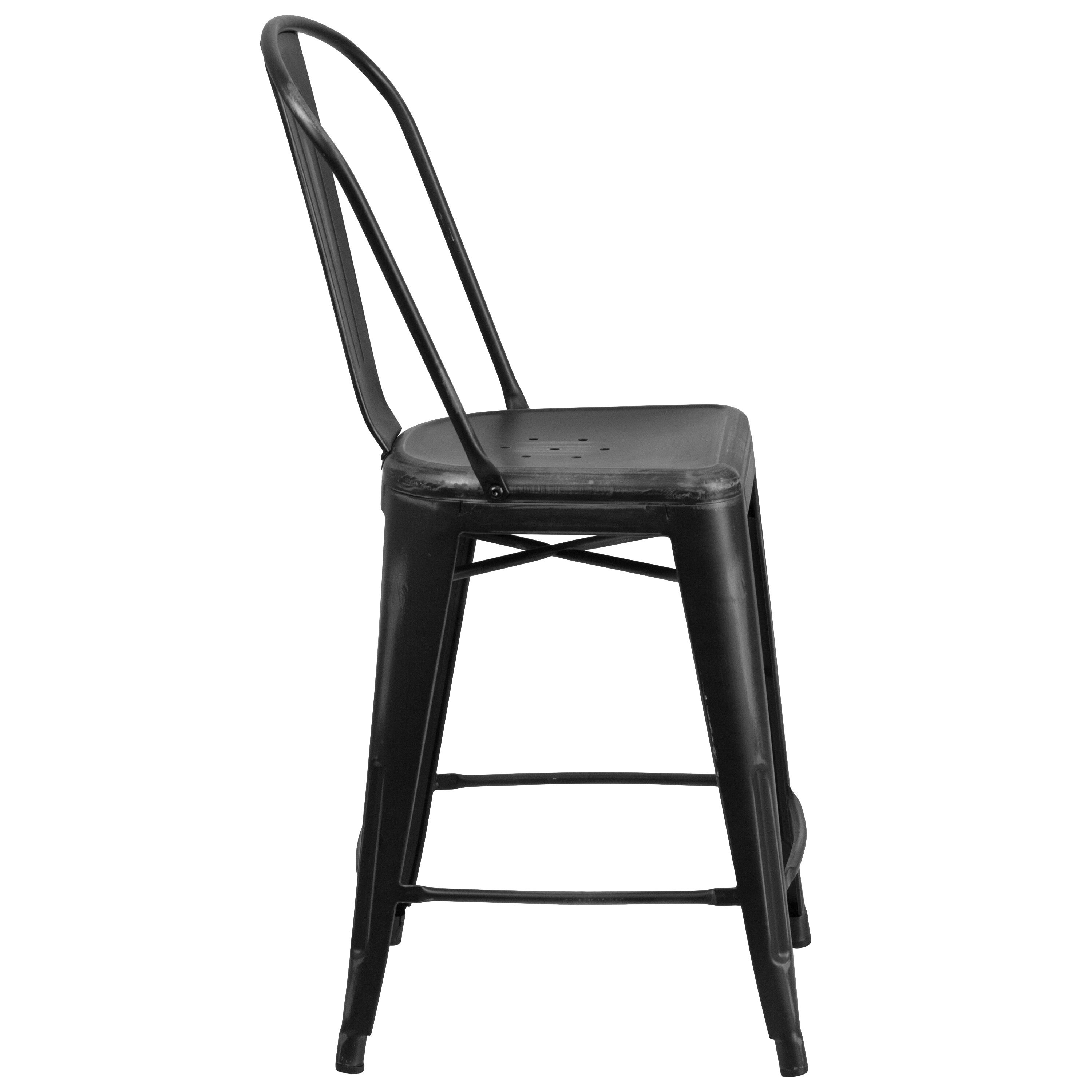 Carly Commercial Grade 24" High Distressed Black Metal Indoor-Outdoor Counter Height Stool with Back