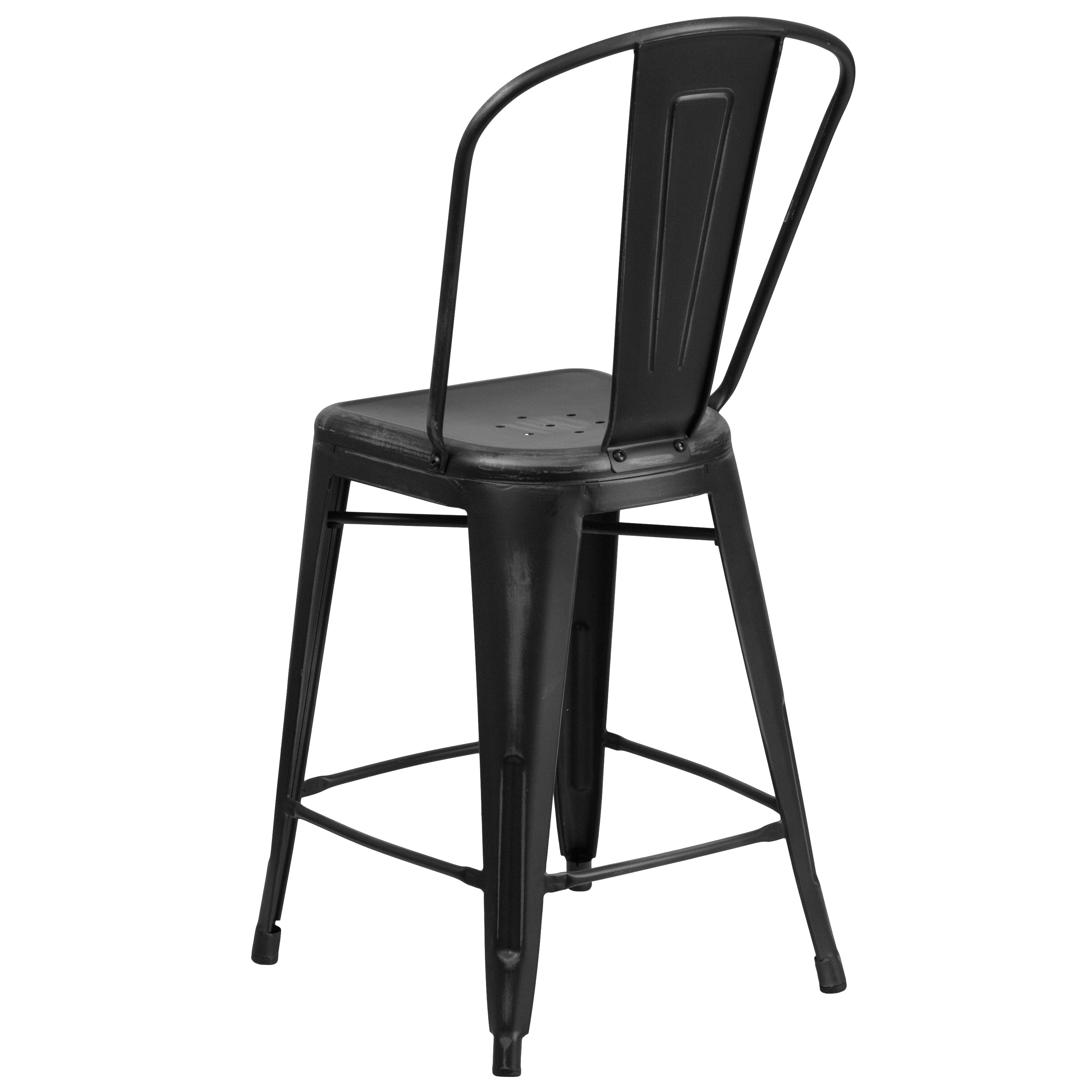 Carly Commercial Grade 24" High Distressed Black Metal Indoor-Outdoor Counter Height Stool with Back