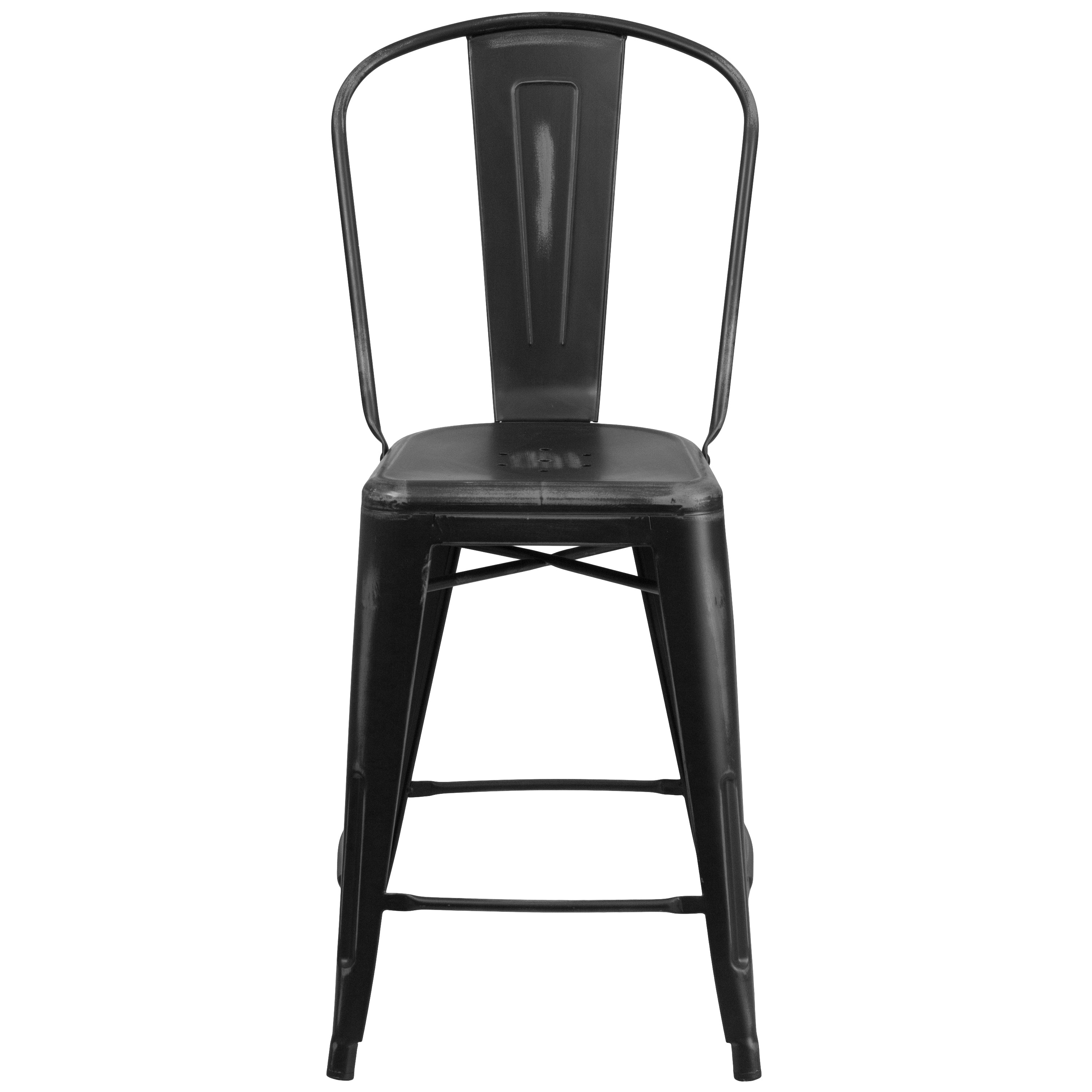 Carly Commercial Grade 24" High Distressed Black Metal Indoor-Outdoor Counter Height Stool with Back