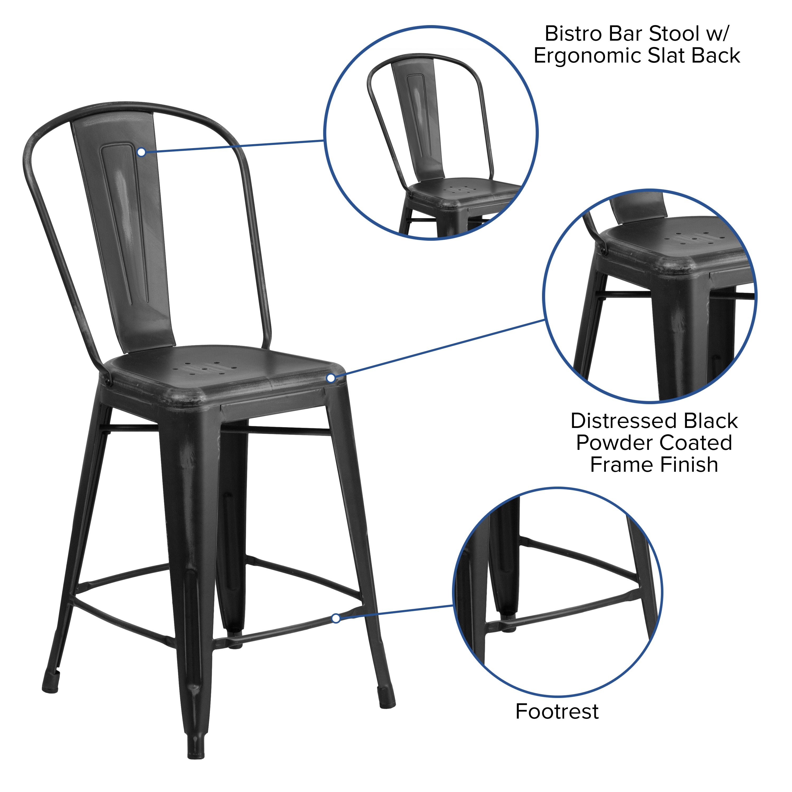Carly Commercial Grade 24" High Distressed Black Metal Indoor-Outdoor Counter Height Stool with Back