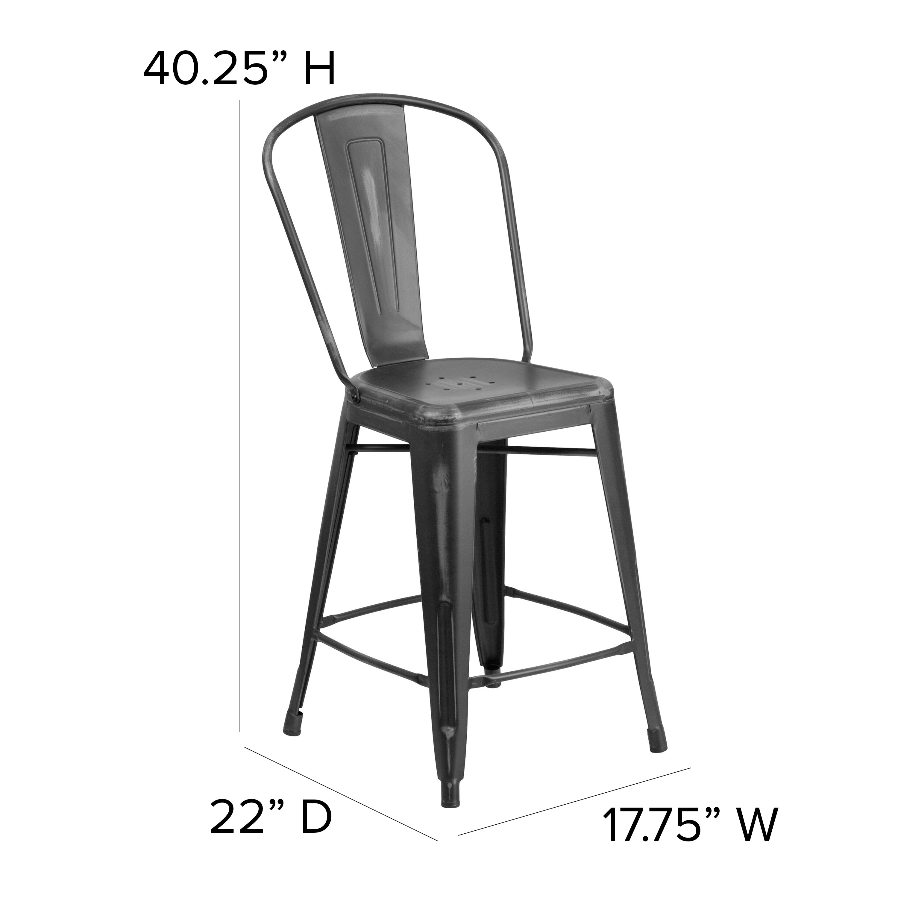 Carly Commercial Grade 24" High Black Metal Indoor-Outdoor Counter Height Stool with Back with Black Poly Resin Wood Seat