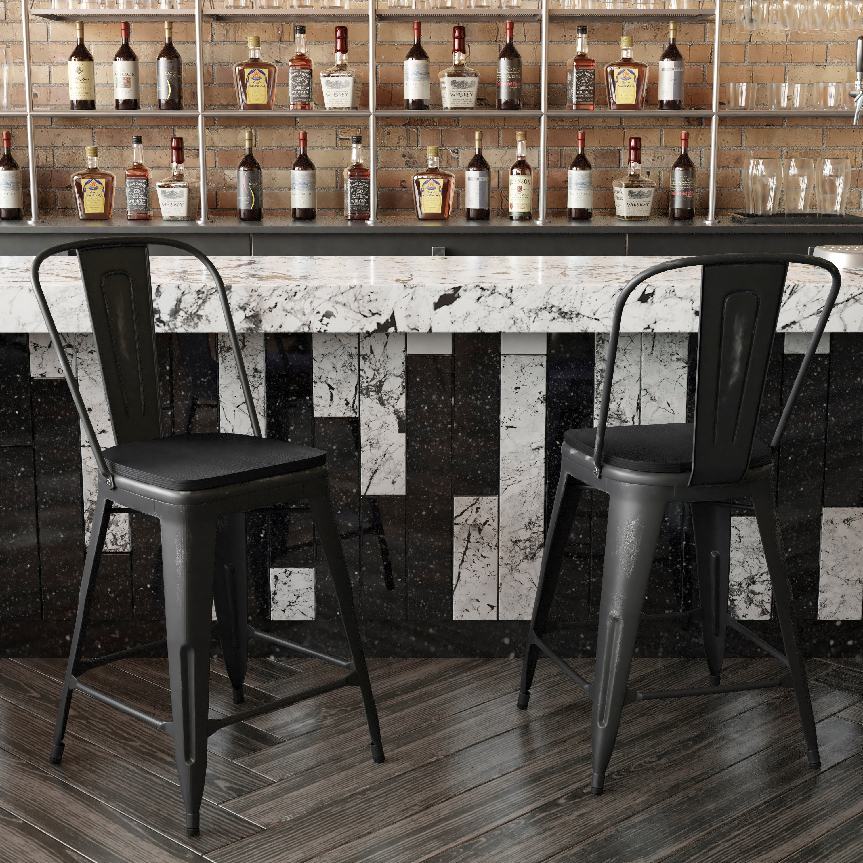 Carly Commercial Grade 24" High Black Metal Indoor-Outdoor Counter Height Stool with Back with Black Poly Resin Wood Seat