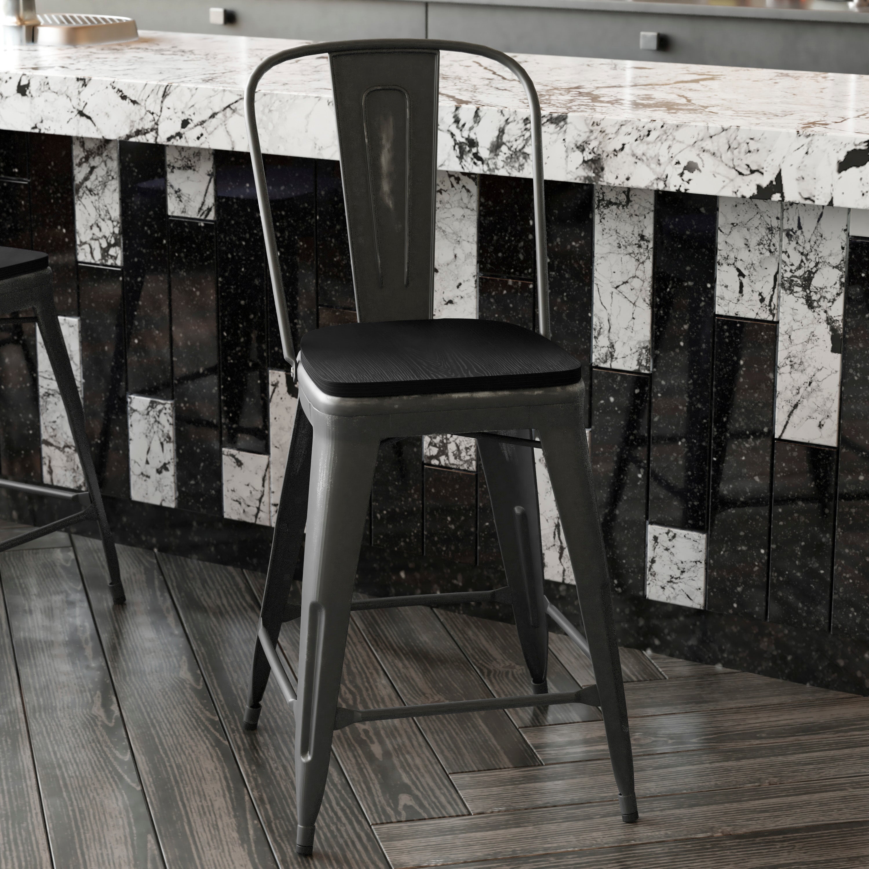 Carly Commercial Grade 24" High Black Metal Indoor-Outdoor Counter Height Stool with Back with Black Poly Resin Wood Seat