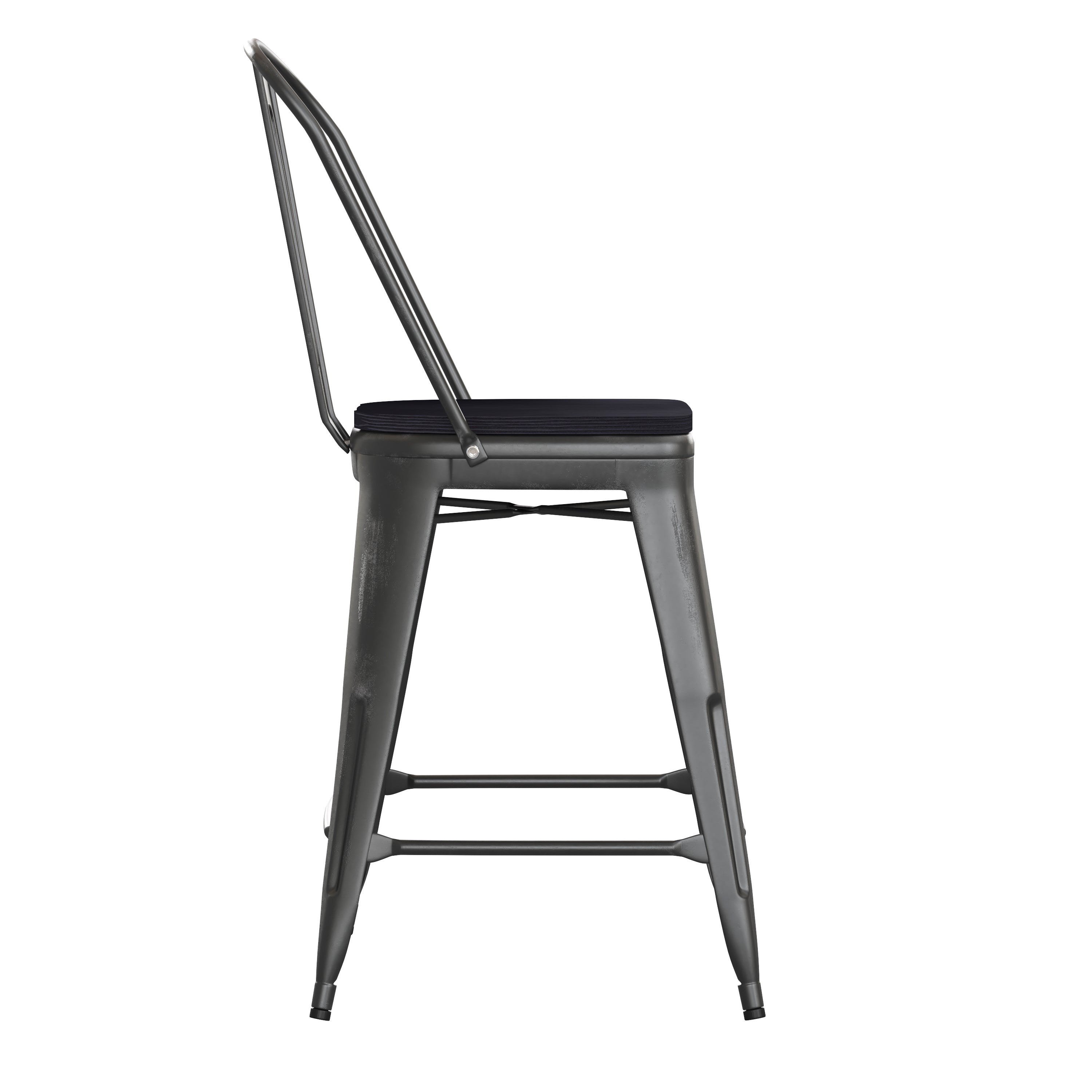 Carly Commercial Grade 24" High Black Metal Indoor-Outdoor Counter Height Stool with Back with Black Poly Resin Wood Seat