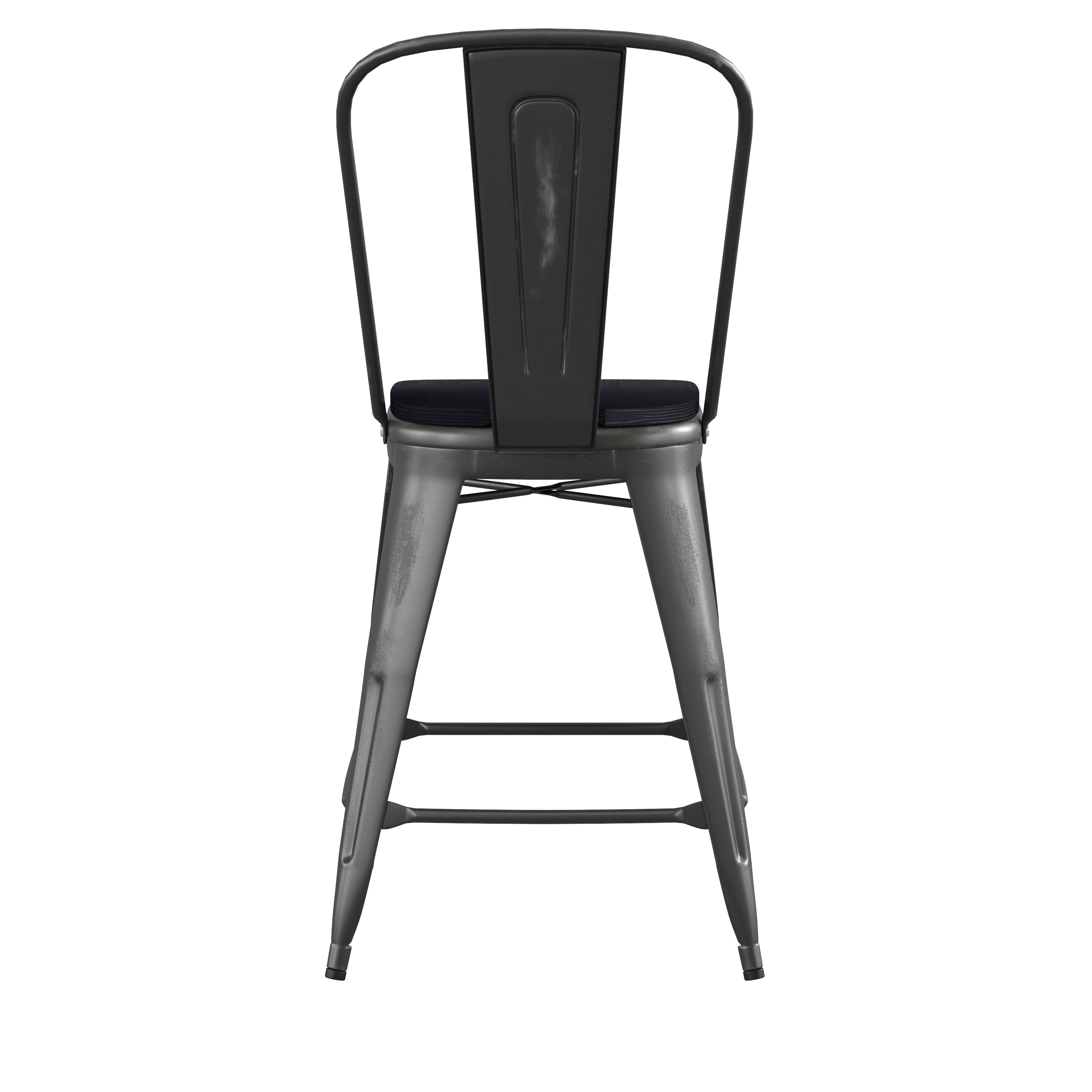 Carly Commercial Grade 24" High Black Metal Indoor-Outdoor Counter Height Stool with Back with Black Poly Resin Wood Seat