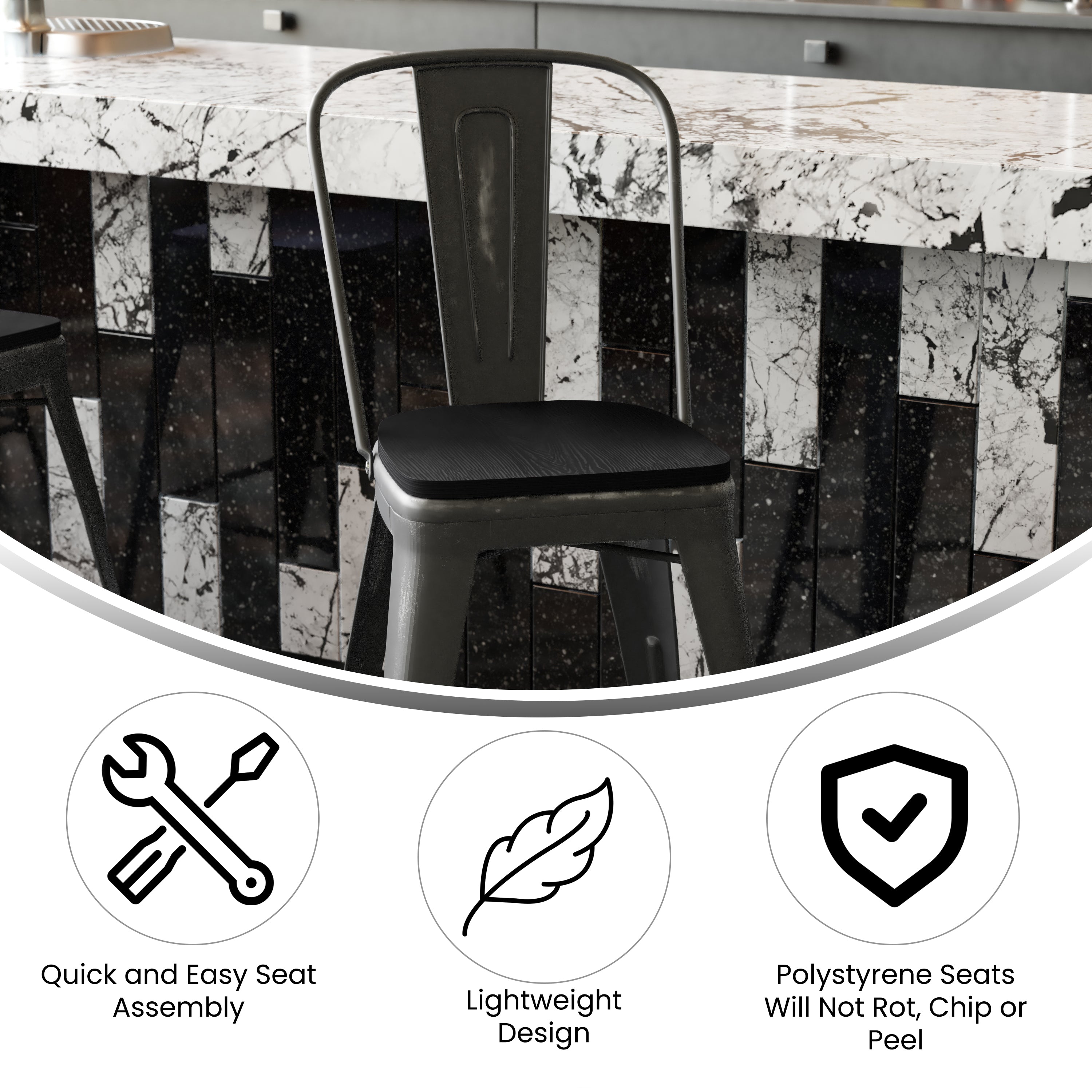 Carly Commercial Grade 24" High Black Metal Indoor-Outdoor Counter Height Stool with Back with Black Poly Resin Wood Seat