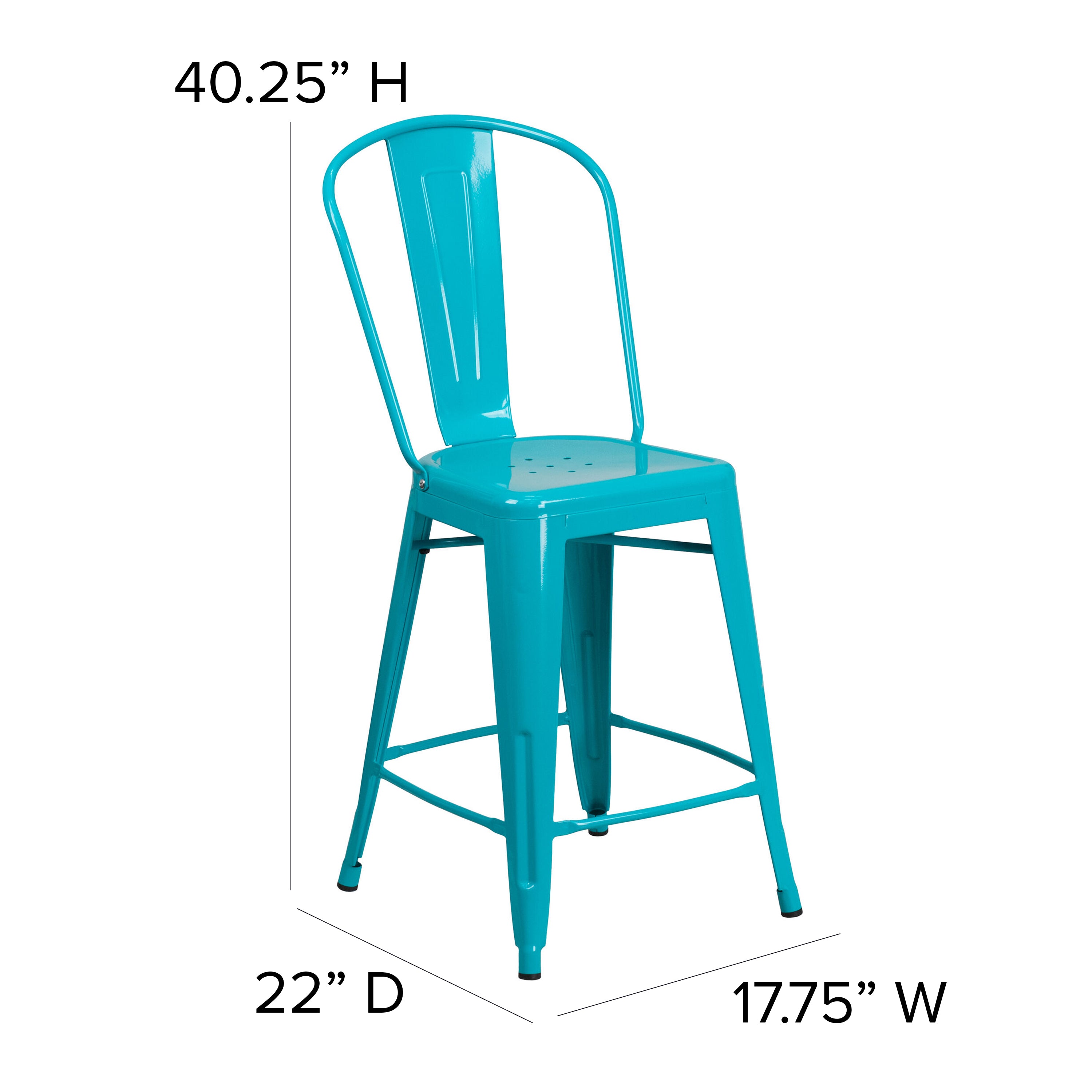 Carly Commercial Grade 24" High Crystal Teal-Blue Metal Indoor-Outdoor Counter Height Stool with Back
