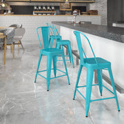 Carly Commercial Grade 24" High Crystal Teal-Blue Metal Indoor-Outdoor Counter Height Stool with Back