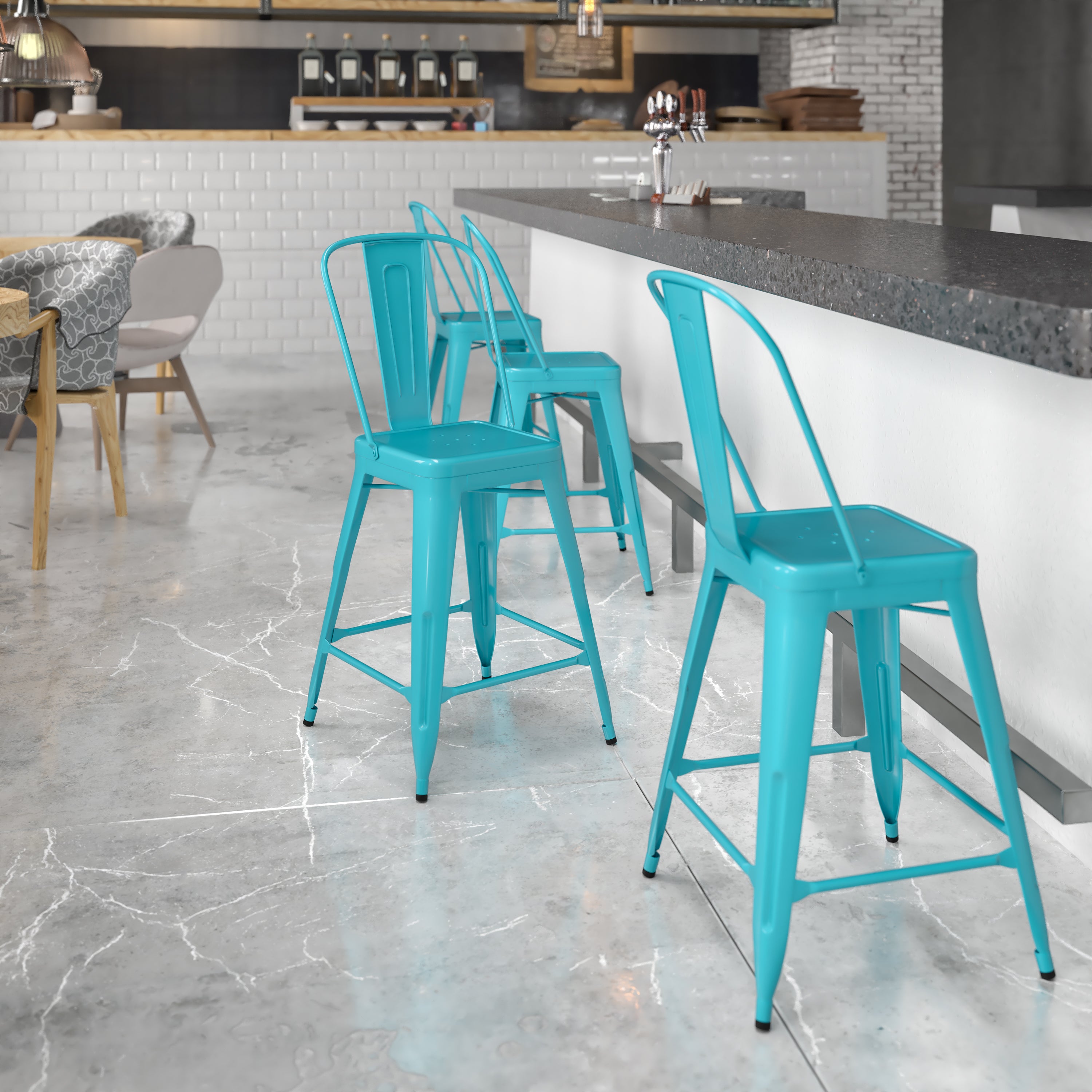 Carly Commercial Grade 24" High Crystal Teal-Blue Metal Indoor-Outdoor Counter Height Stool with Back