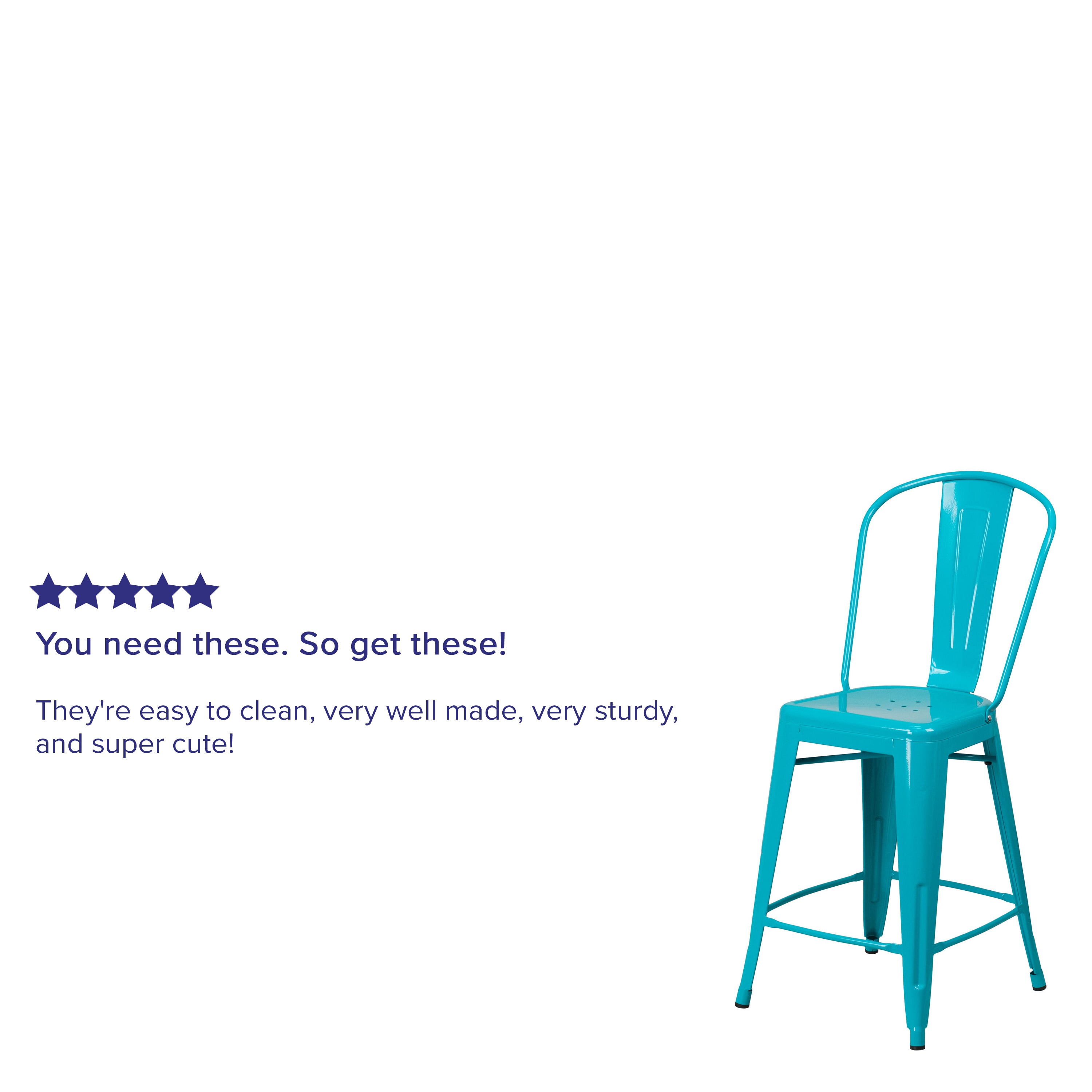 Carly Commercial Grade 24" High Crystal Teal-Blue Metal Indoor-Outdoor Counter Height Stool with Back