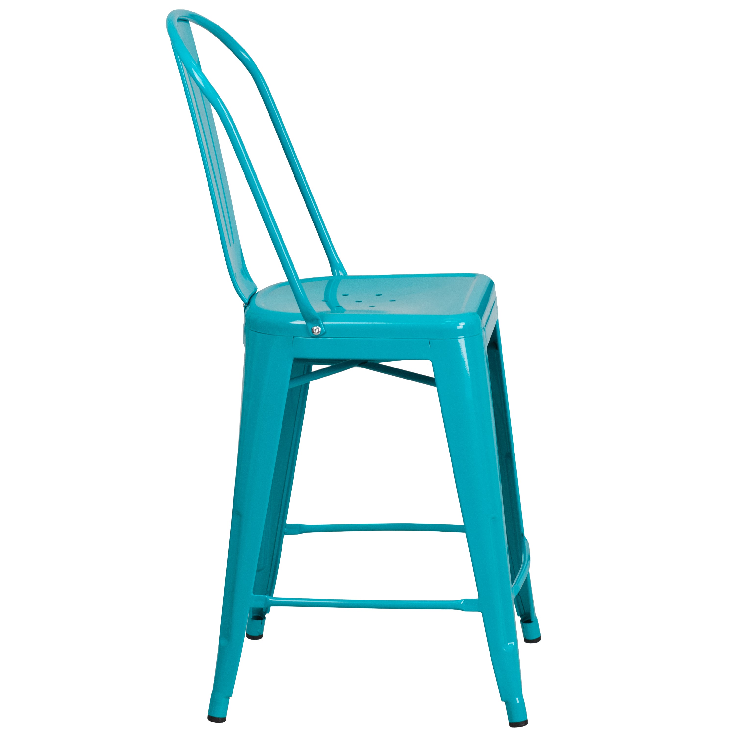 Carly Commercial Grade 24" High Crystal Teal-Blue Metal Indoor-Outdoor Counter Height Stool with Back