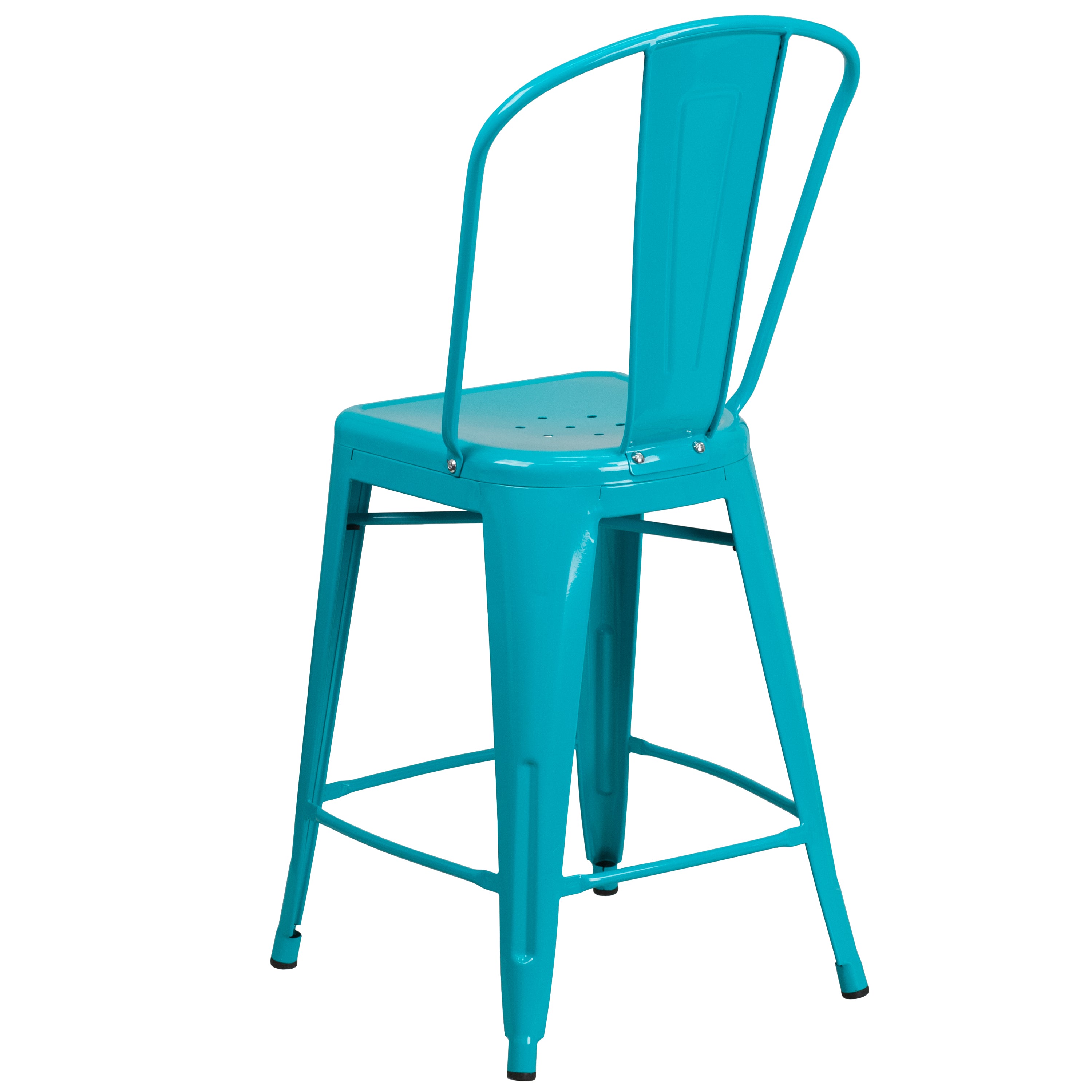 Carly Commercial Grade 24" High Crystal Teal-Blue Metal Indoor-Outdoor Counter Height Stool with Back