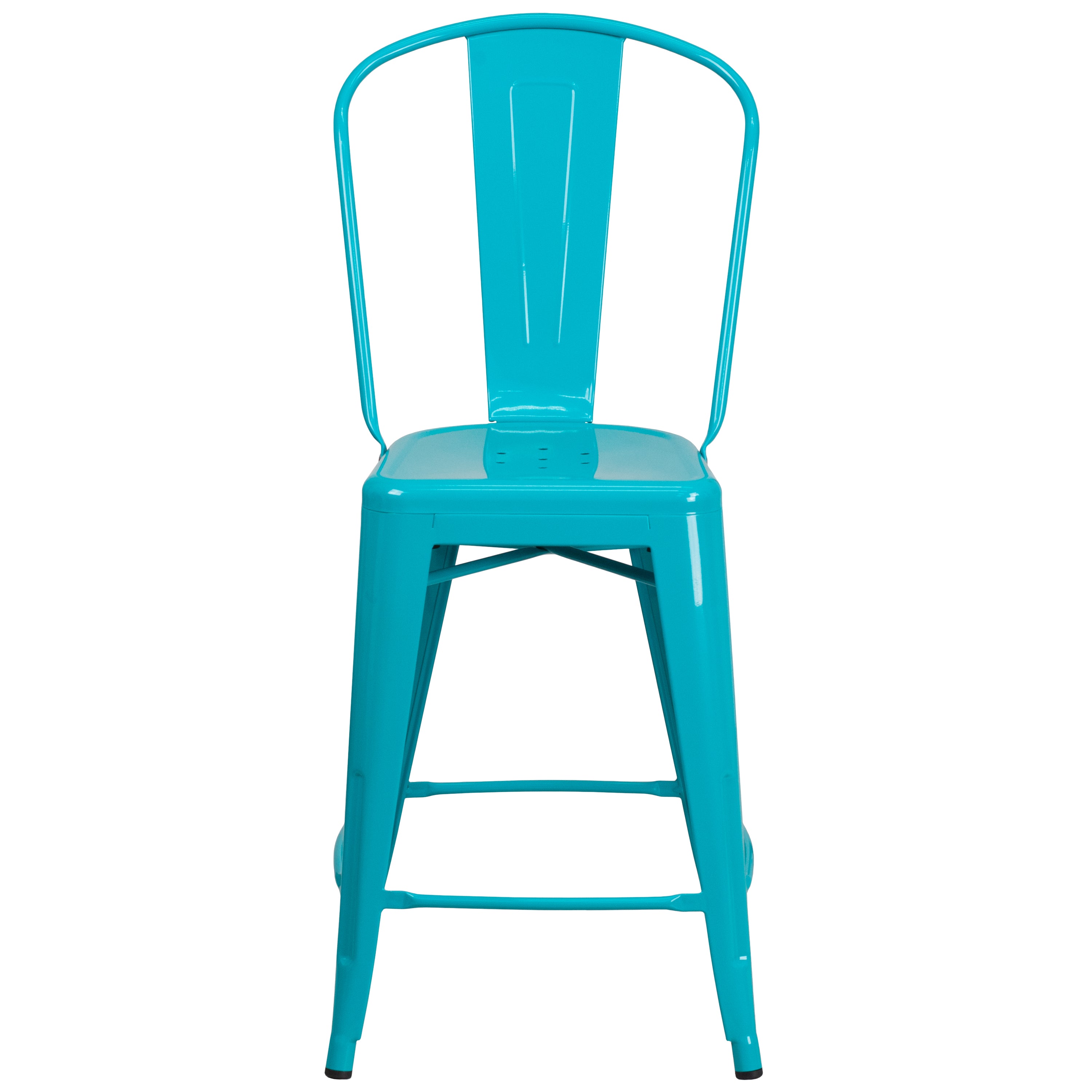 Carly Commercial Grade 24" High Crystal Teal-Blue Metal Indoor-Outdoor Counter Height Stool with Back