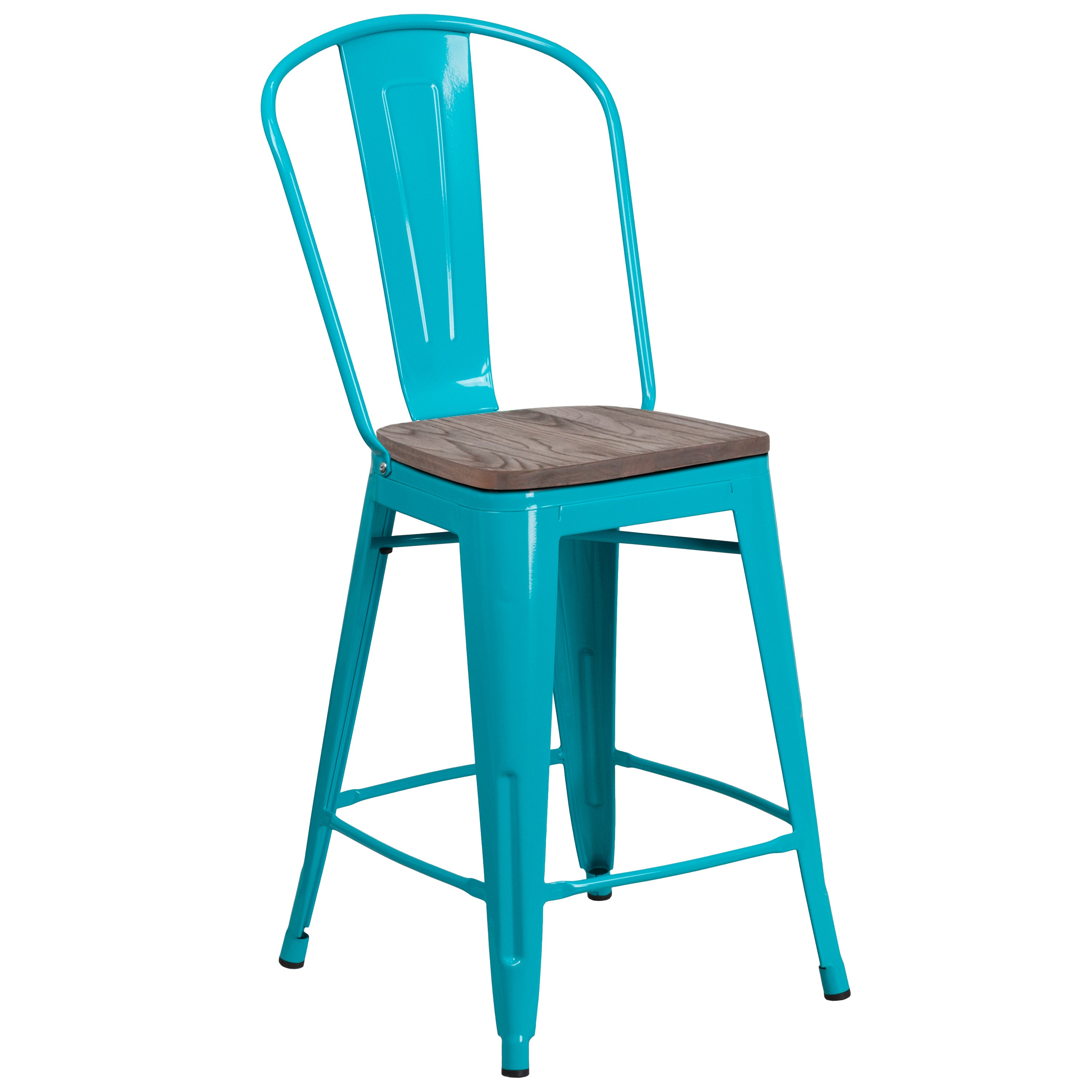Carly 24" High Crystal Teal-Blue Metal Counter Height Stool with Back and Wood Seat