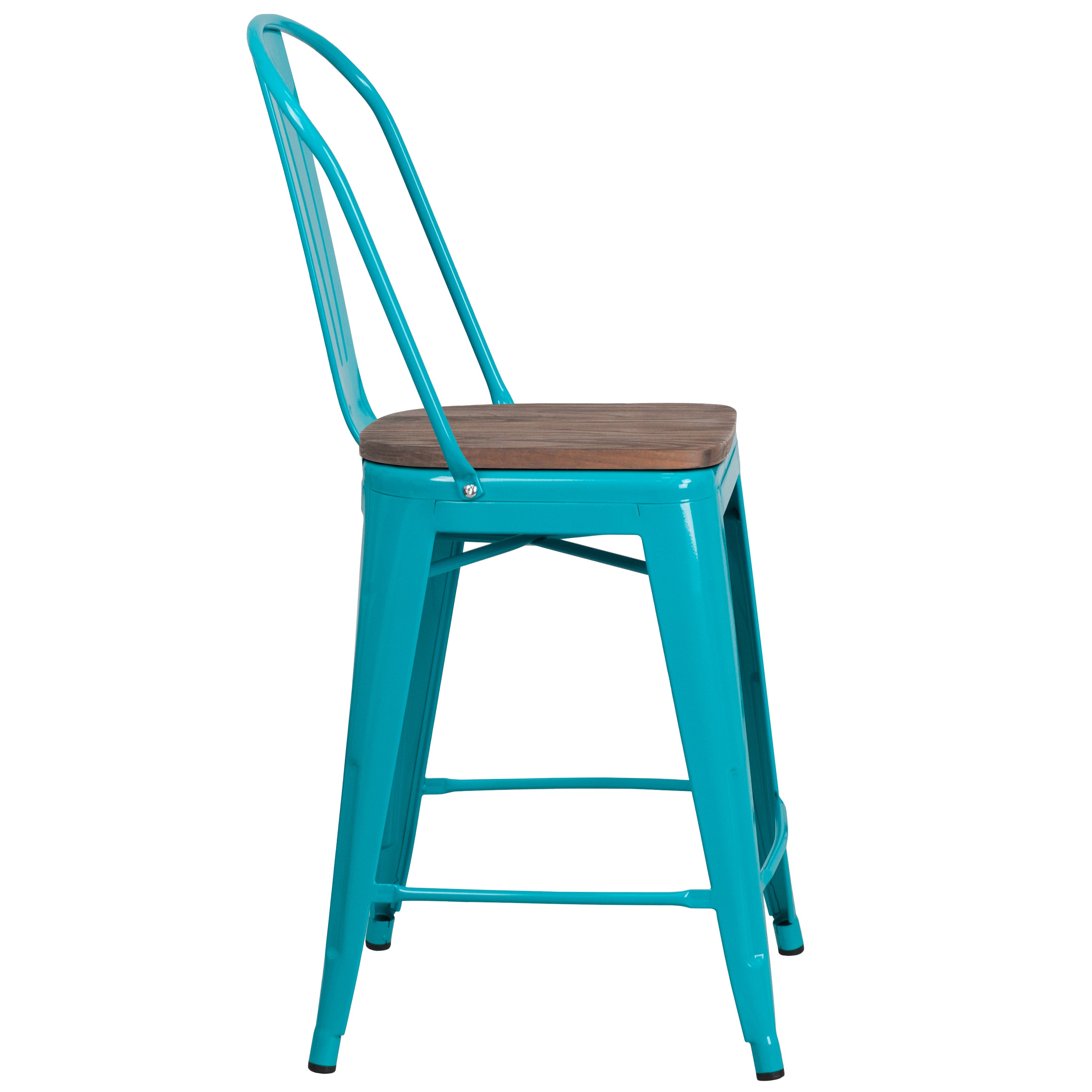 Carly 24" High Crystal Teal-Blue Metal Counter Height Stool with Back and Wood Seat