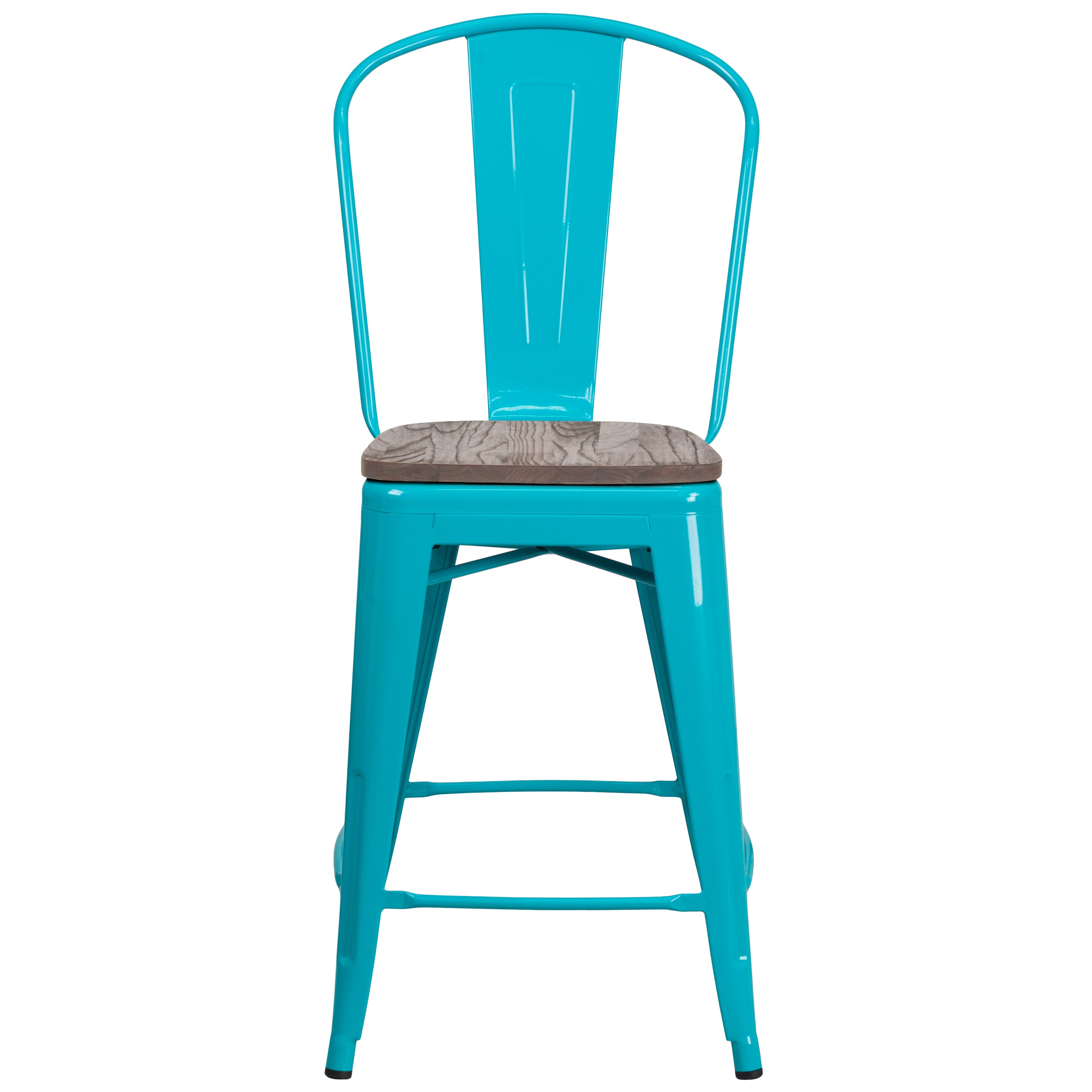 Carly 24" High Crystal Teal-Blue Metal Counter Height Stool with Back and Wood Seat