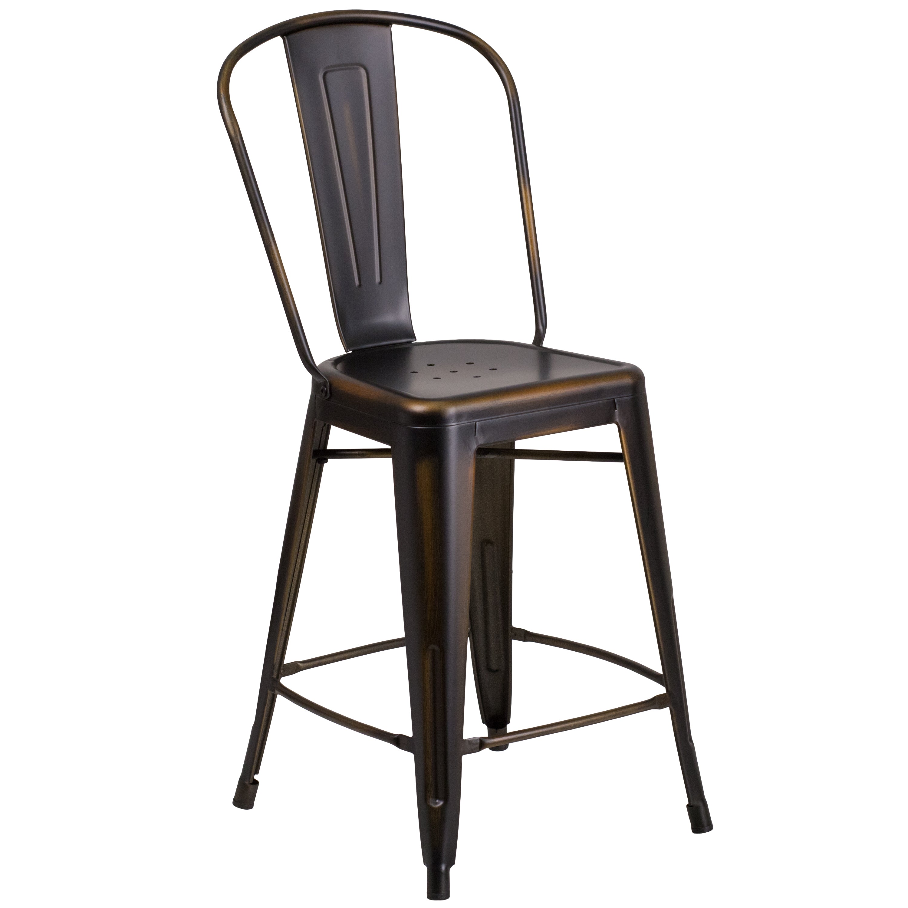 Carly Commercial Grade 24" High Distressed Copper Metal Indoor-Outdoor Counter Height Stool with Back