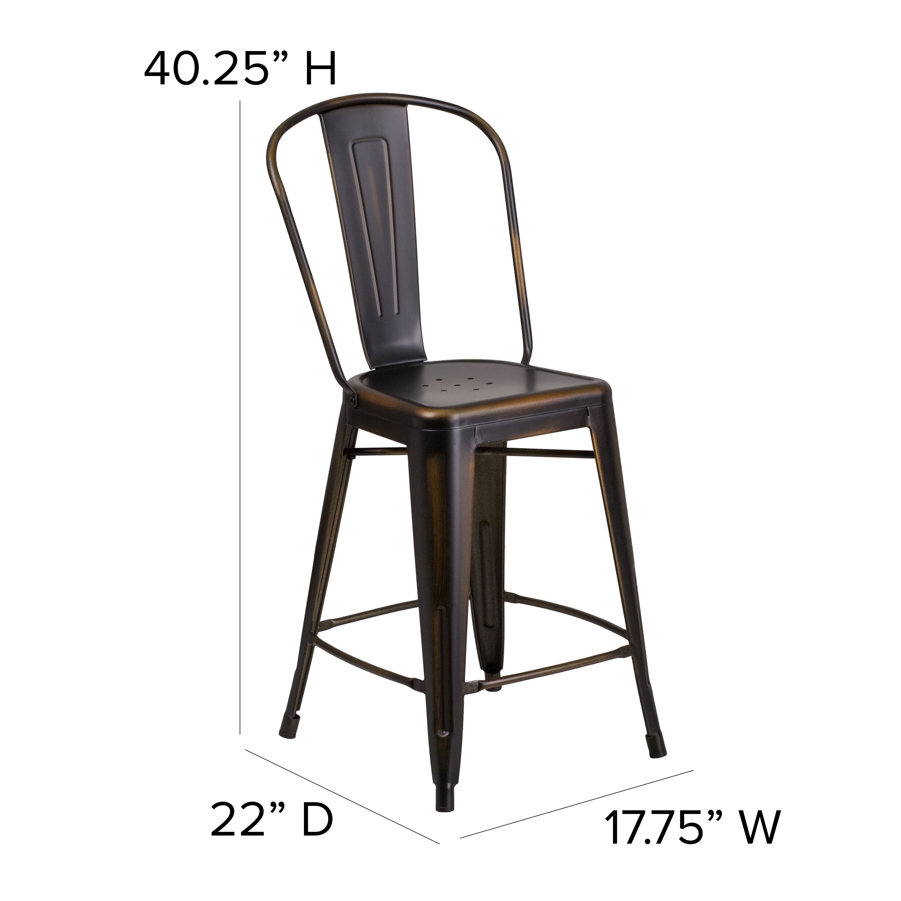 Carly Commercial Grade 24" High Distressed Copper Metal Indoor-Outdoor Counter Height Stool with Back
