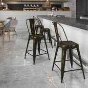 Carly Commercial Grade 24" High Distressed Copper Metal Indoor-Outdoor Counter Height Stool with Back