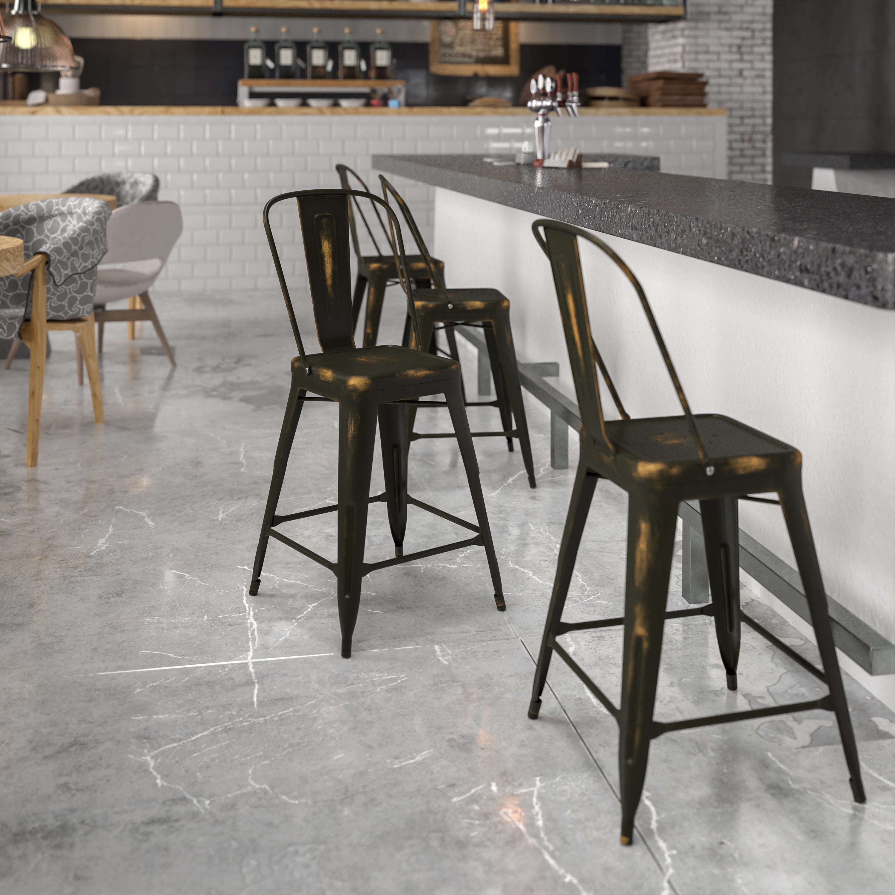 Carly Commercial Grade 24" High Distressed Copper Metal Indoor-Outdoor Counter Height Stool with Back