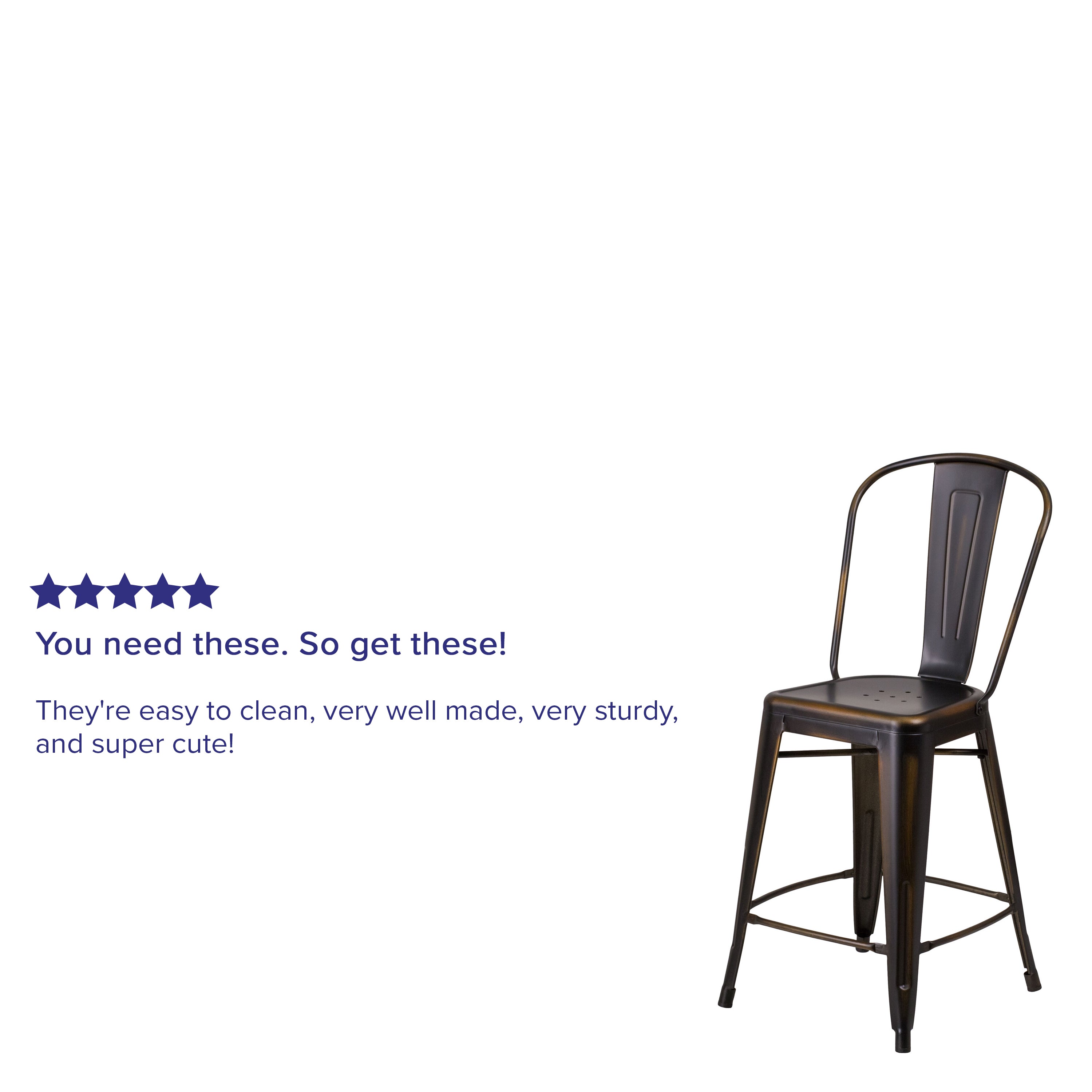 Carly Commercial Grade 24" High Distressed Copper Metal Indoor-Outdoor Counter Height Stool with Back