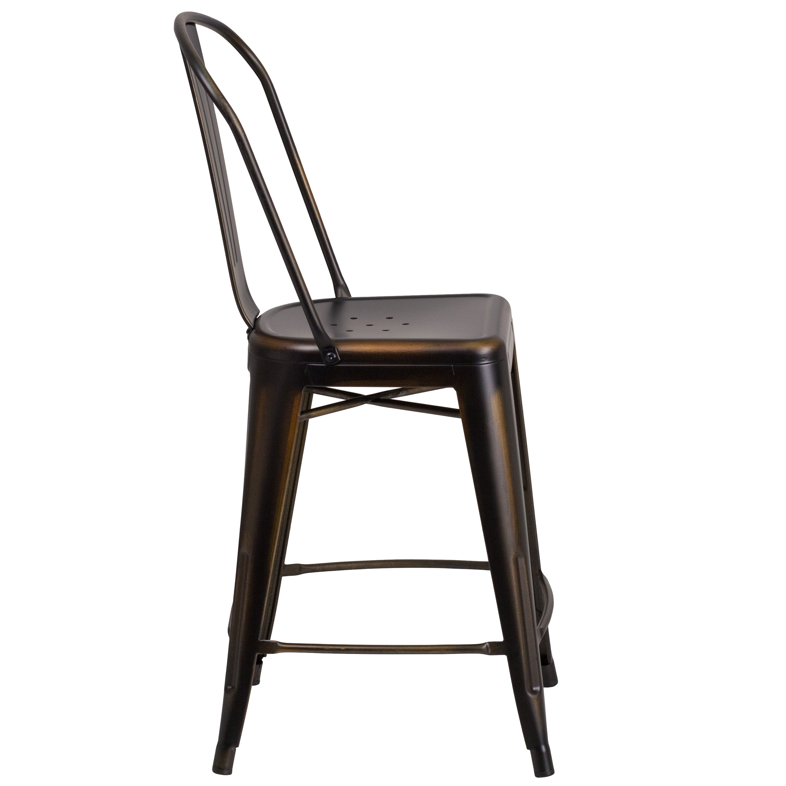 Carly Commercial Grade 24" High Distressed Copper Metal Indoor-Outdoor Counter Height Stool with Back