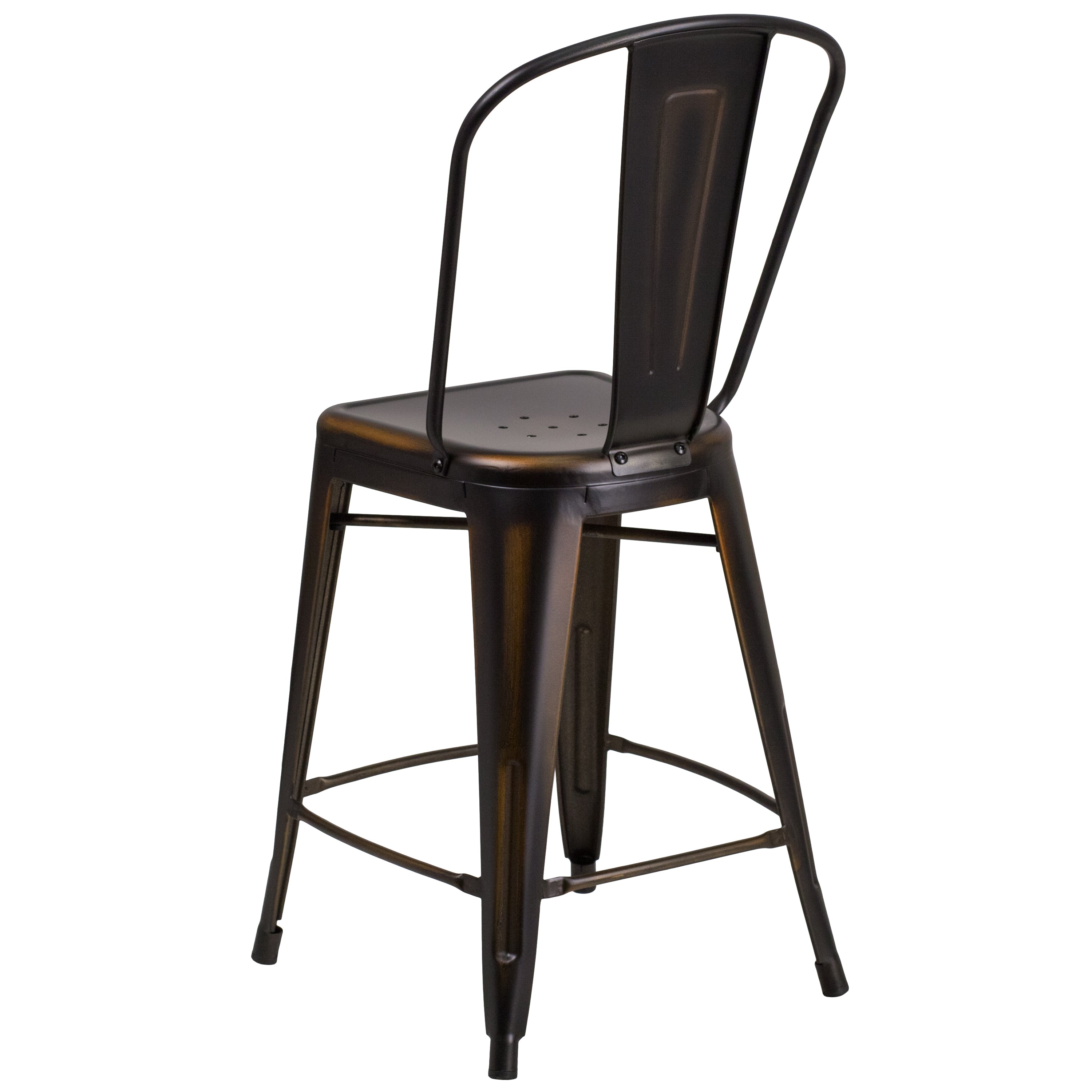 Carly Commercial Grade 24" High Distressed Copper Metal Indoor-Outdoor Counter Height Stool with Back