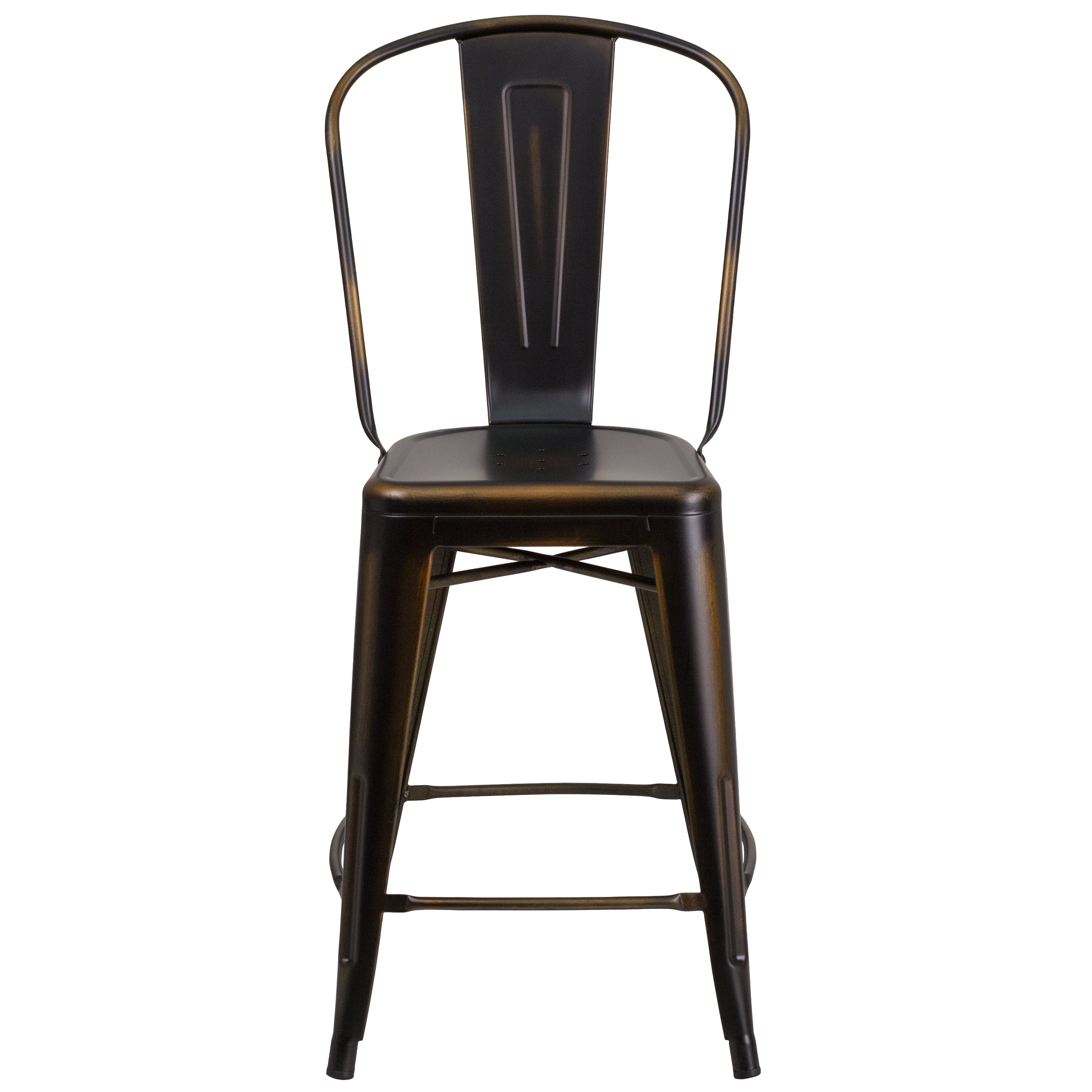 Carly Commercial Grade 24" High Distressed Copper Metal Indoor-Outdoor Counter Height Stool with Back