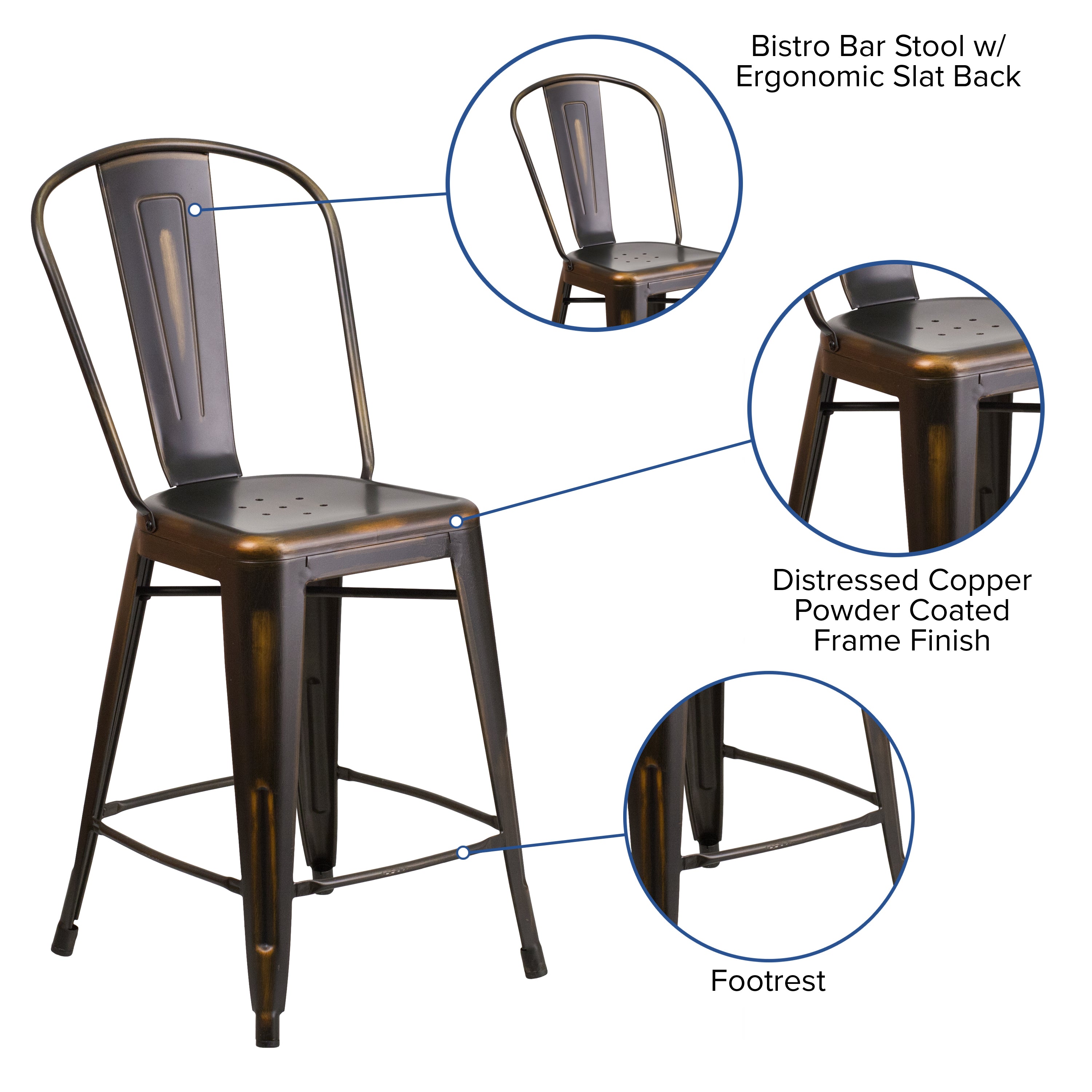 Carly Commercial Grade 24" High Distressed Copper Metal Indoor-Outdoor Counter Height Stool with Back