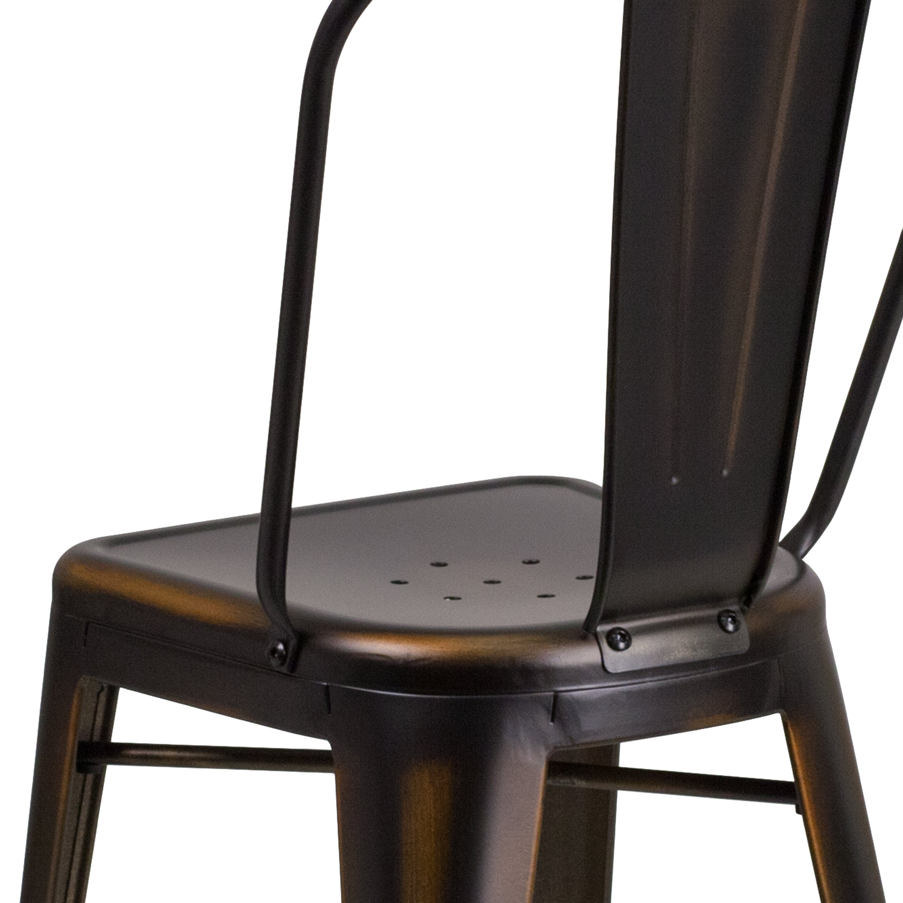 Carly Commercial Grade 24" High Distressed Copper Metal Indoor-Outdoor Counter Height Stool with Back