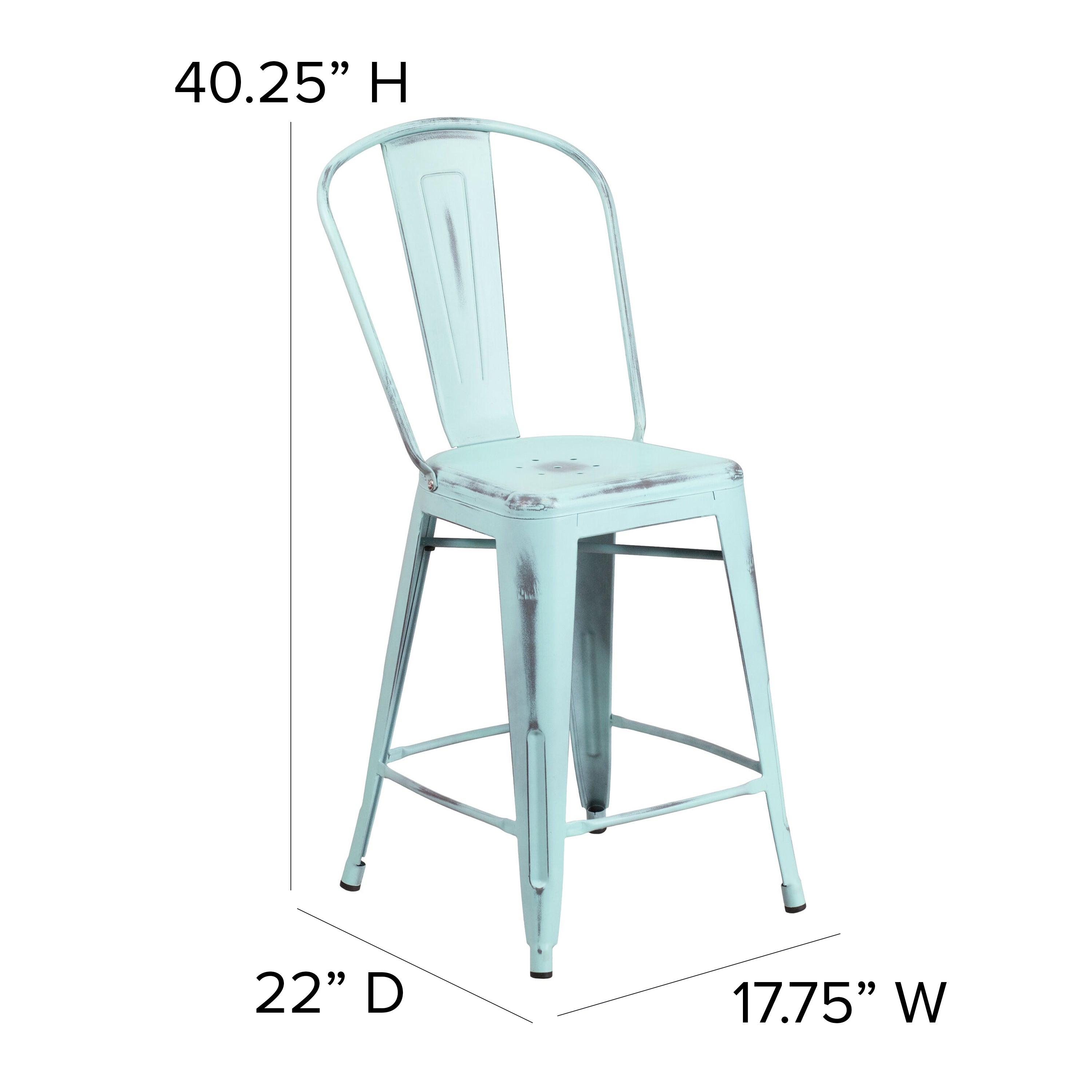 Carly Commercial Grade 24" High Distressed Green-Blue Metal Indoor-Outdoor Counter Height Stool with Back