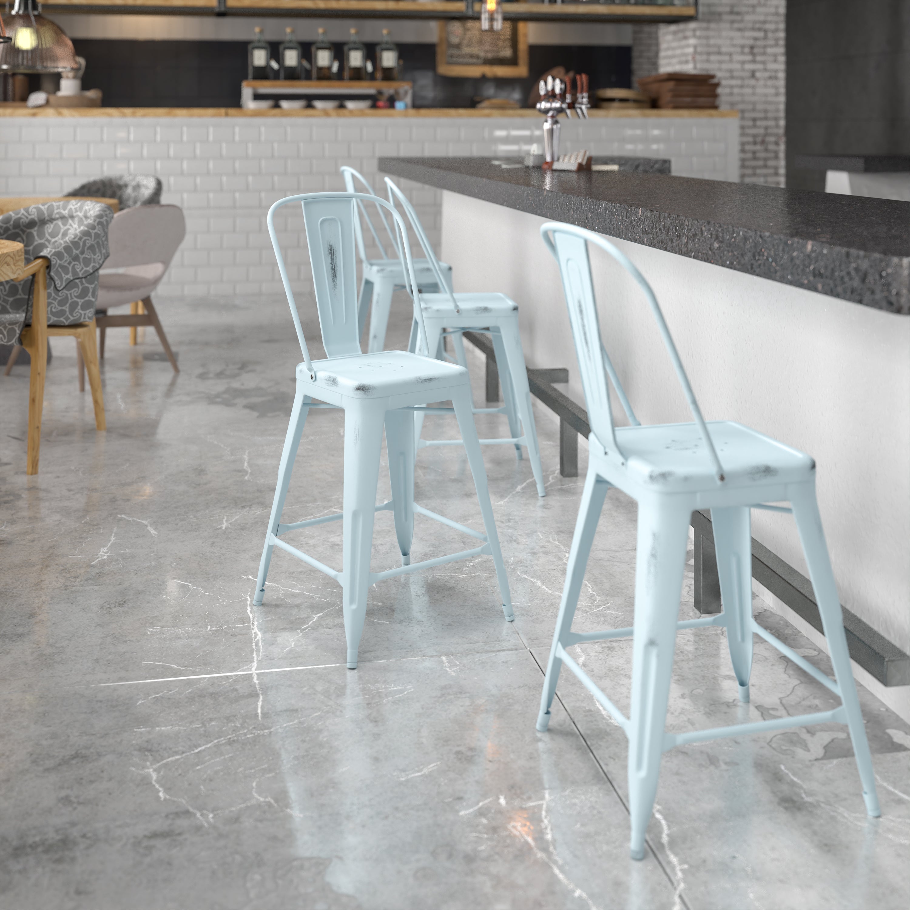 Carly Commercial Grade 24" High Distressed Green-Blue Metal Indoor-Outdoor Counter Height Stool with Back