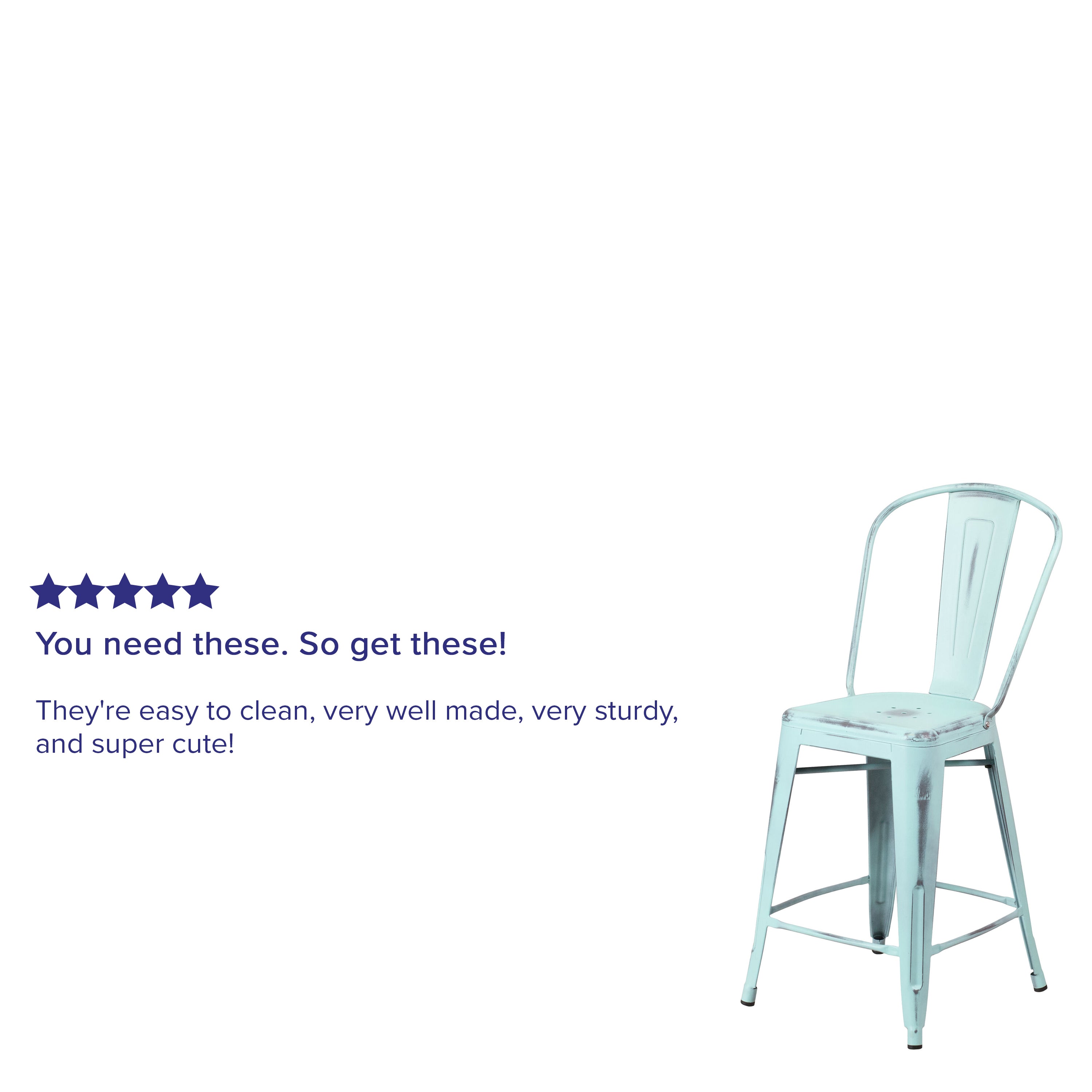 Carly Commercial Grade 24" High Distressed Green-Blue Metal Indoor-Outdoor Counter Height Stool with Back